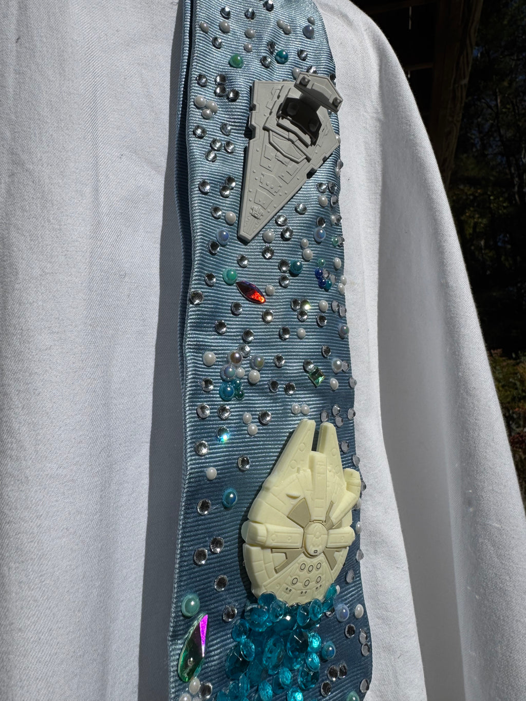 Light Blue Millineium Falcon Flying Towards Star Destroyer Star Wars Tie