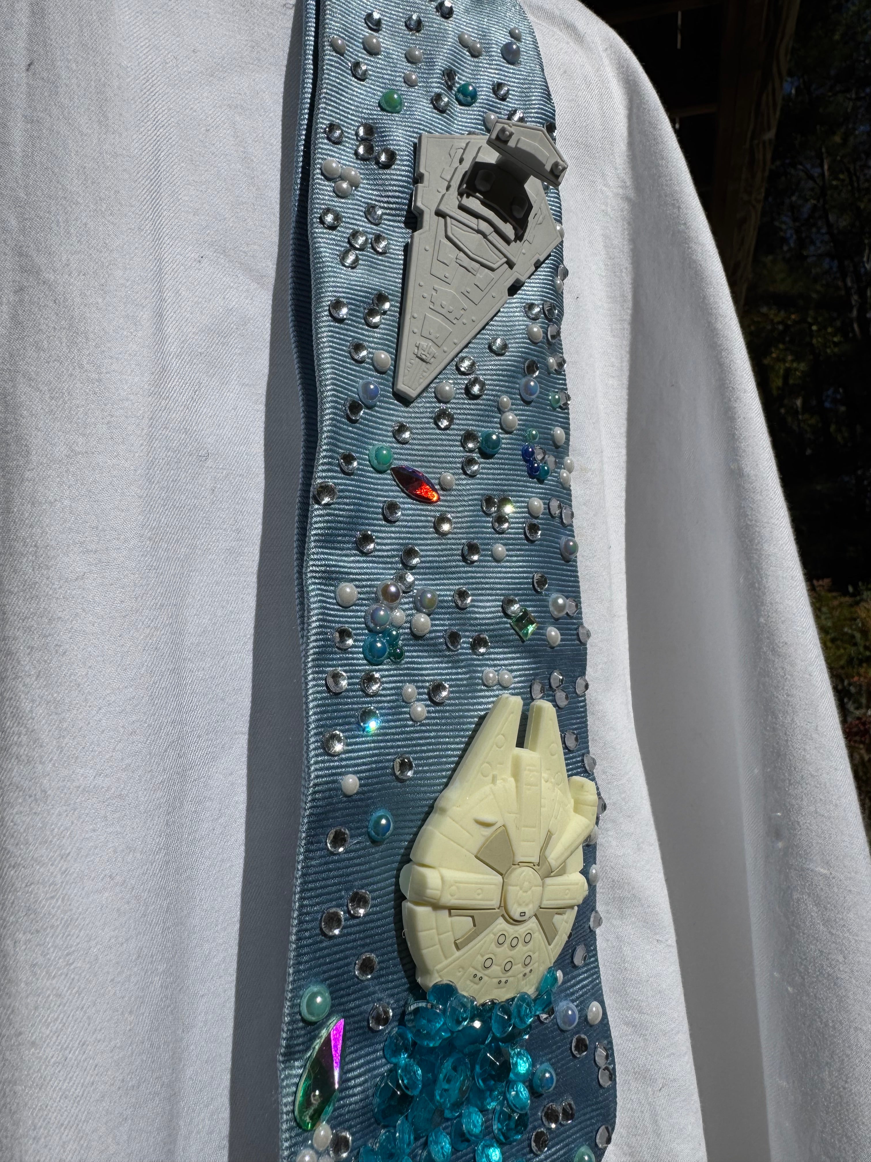 Light Blue Millineium Falcon Flying Towards Star Destroyer Star Wars Tie