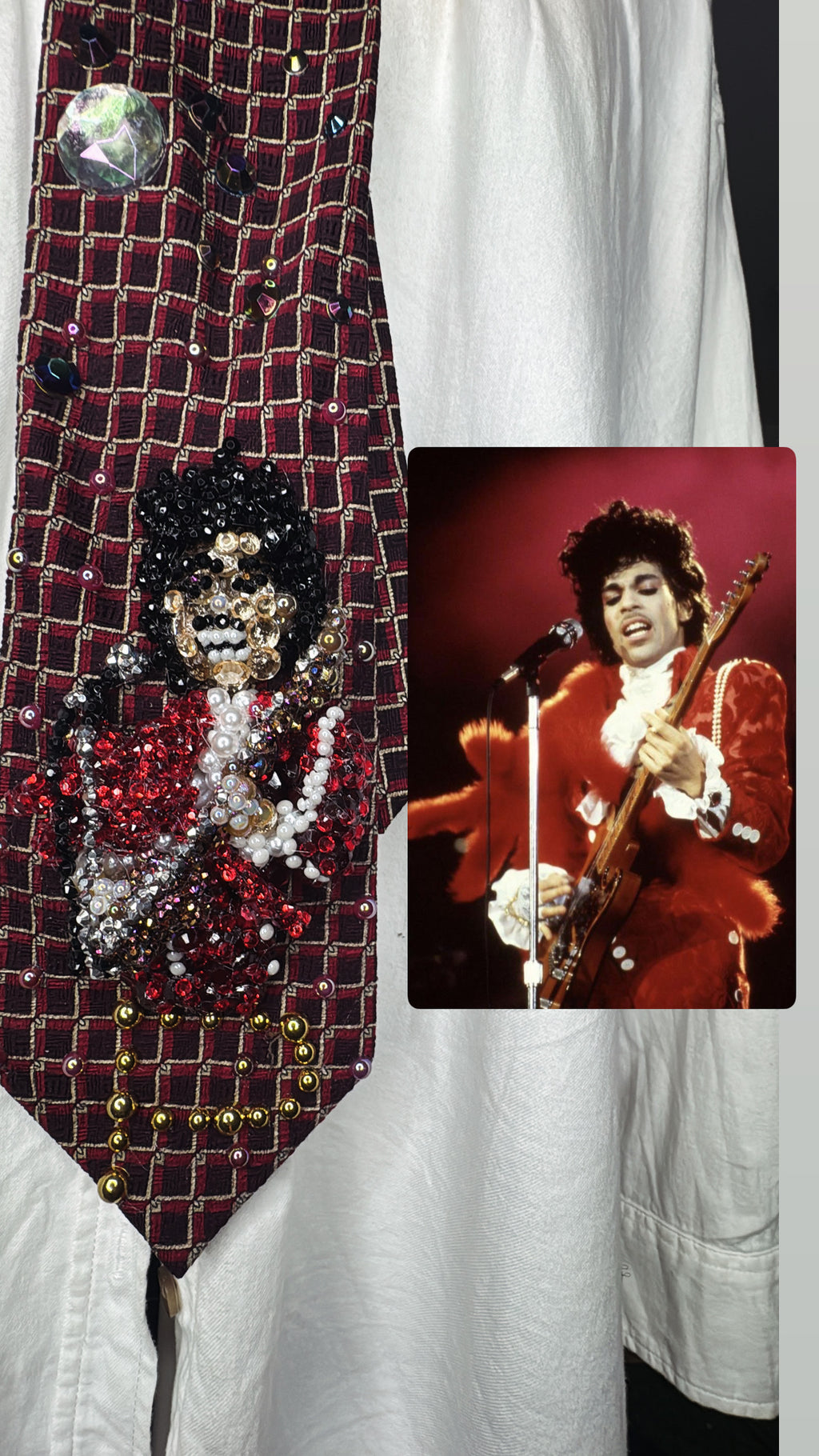 Red Prince Rocking Out in Red Outfit with Red Fuzzy Scarf on Brown Guitar Live Tie