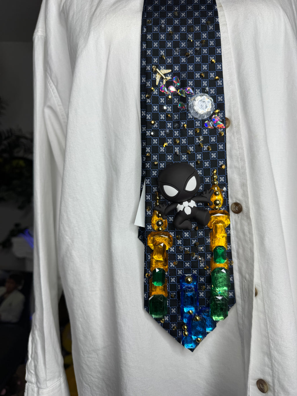 Navy Blue Symbiote Suit Spiderman On Top of Buildings at Night Tie