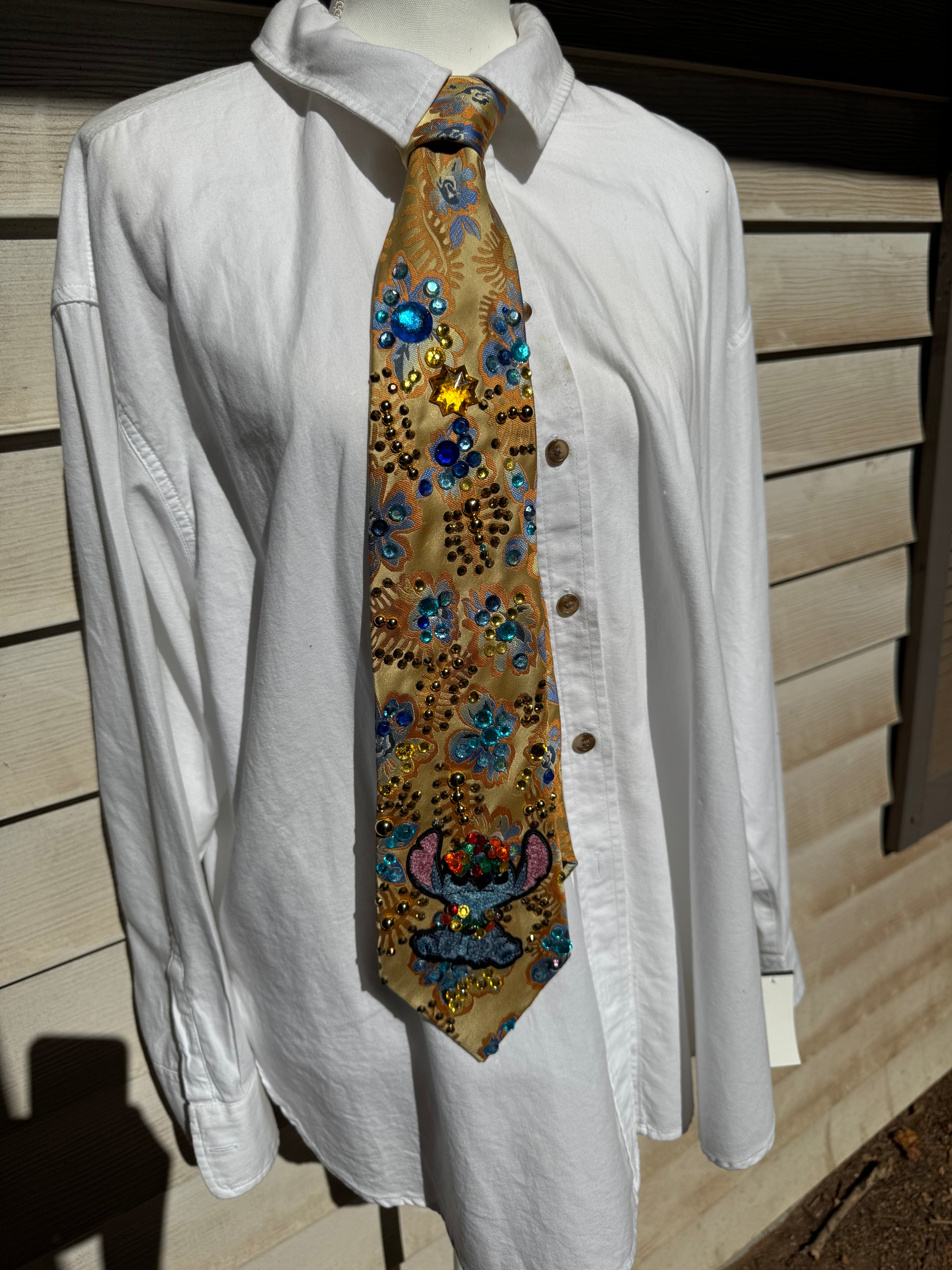 Gold Floral Hawaiian Stitch Wearing Two Leis Movie Tie