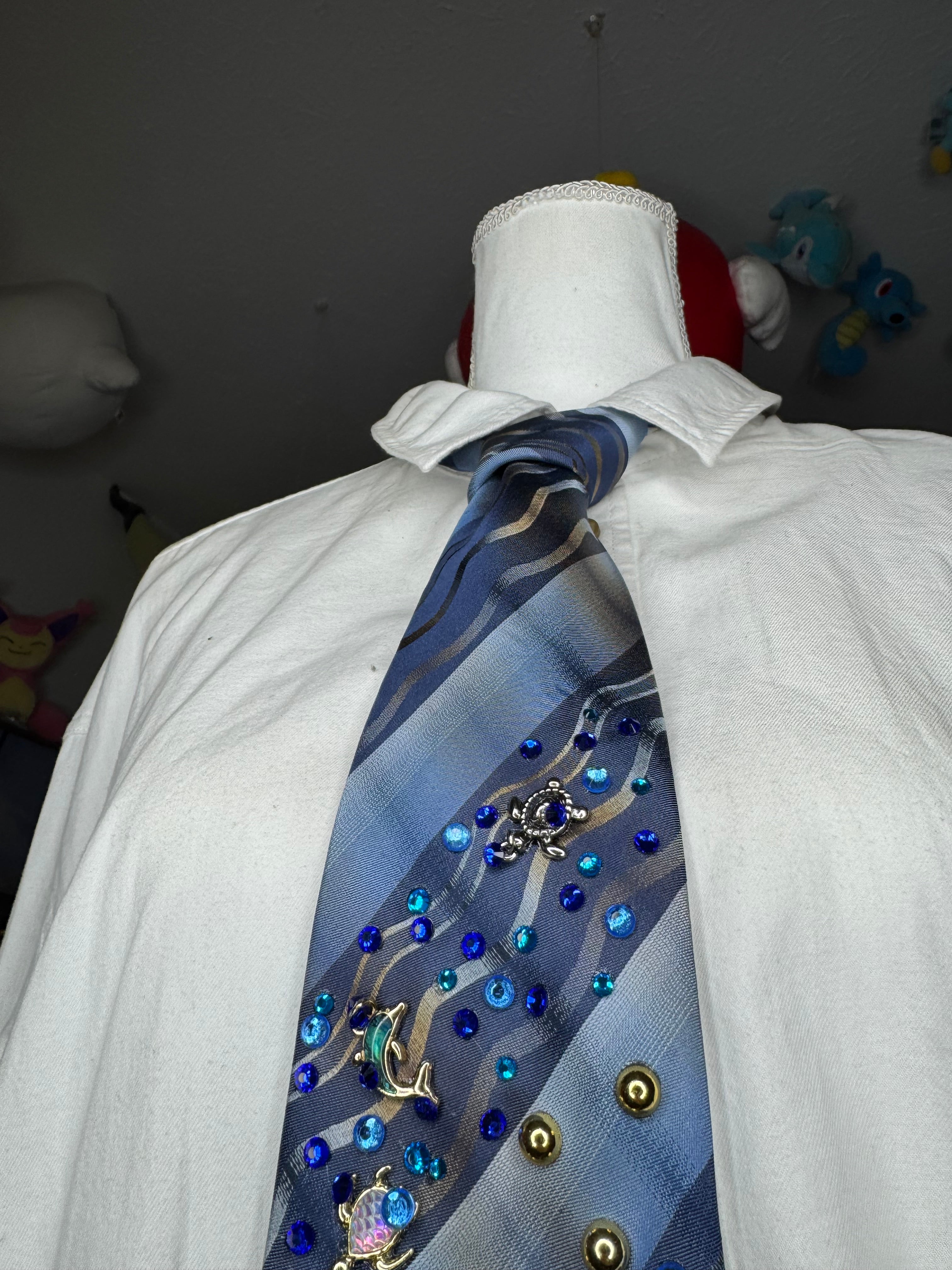 Blue Striped Wavy Ocean Floor Aquatic Nature Tie