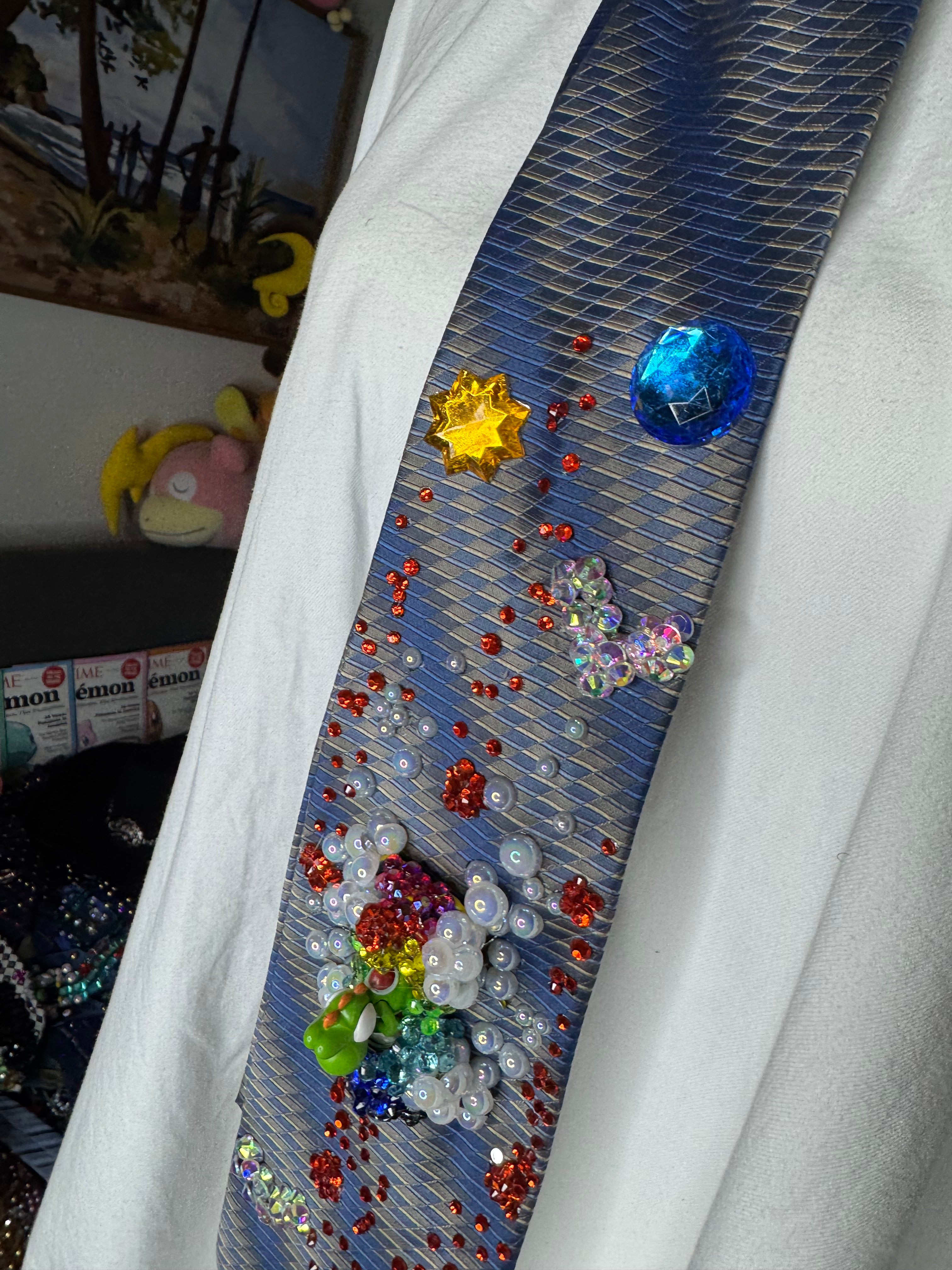Navy Blue and Grey Yoshi Activating Star Power Near Fireballs Mario Kart Tie