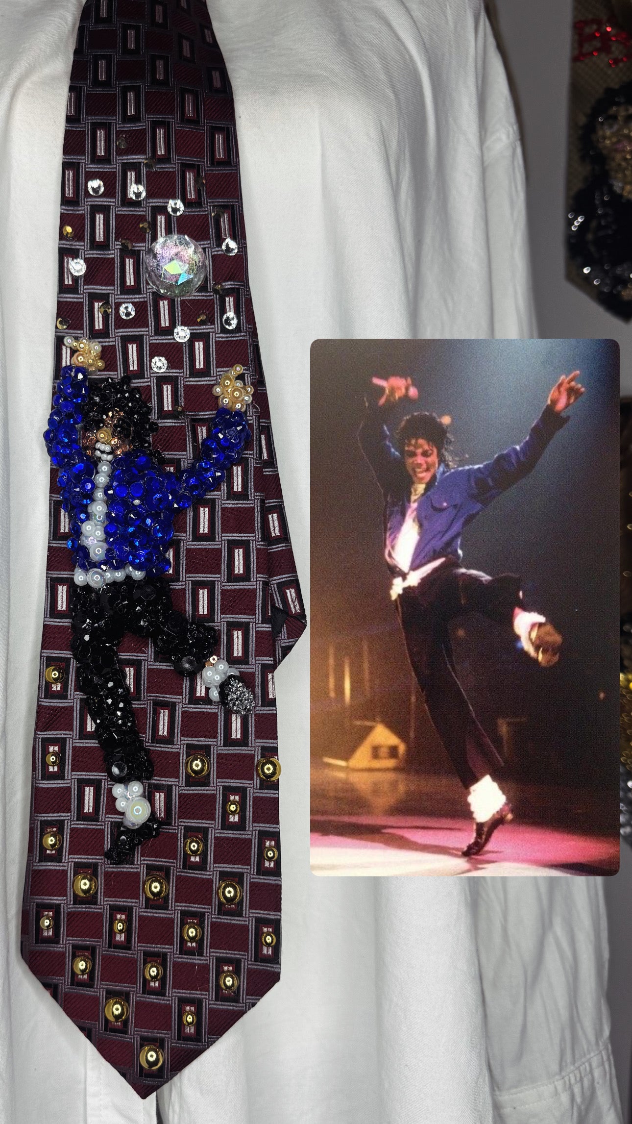 Burgundy Michael Jackson Jumping One Leg Pose For TWYMMF Performance Tie
