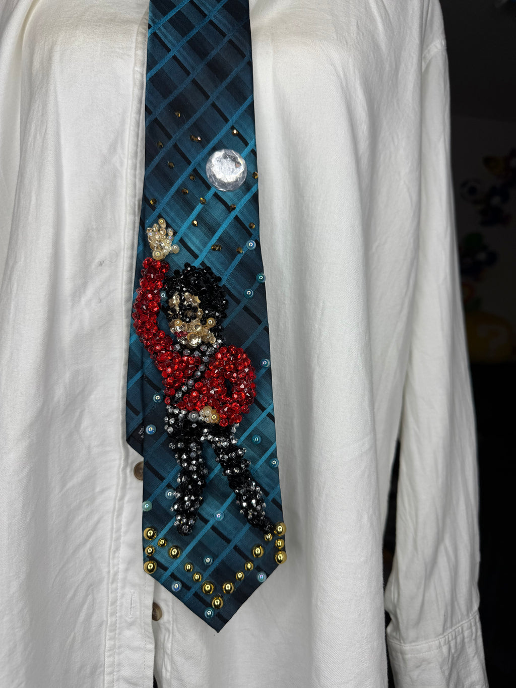 Dark Plaid Turquoise Michael Jackson Hitting Hand Up Wide Leg Pose to Human Nature In Tokyo Red Shirt Bad Tour 1988 Tie