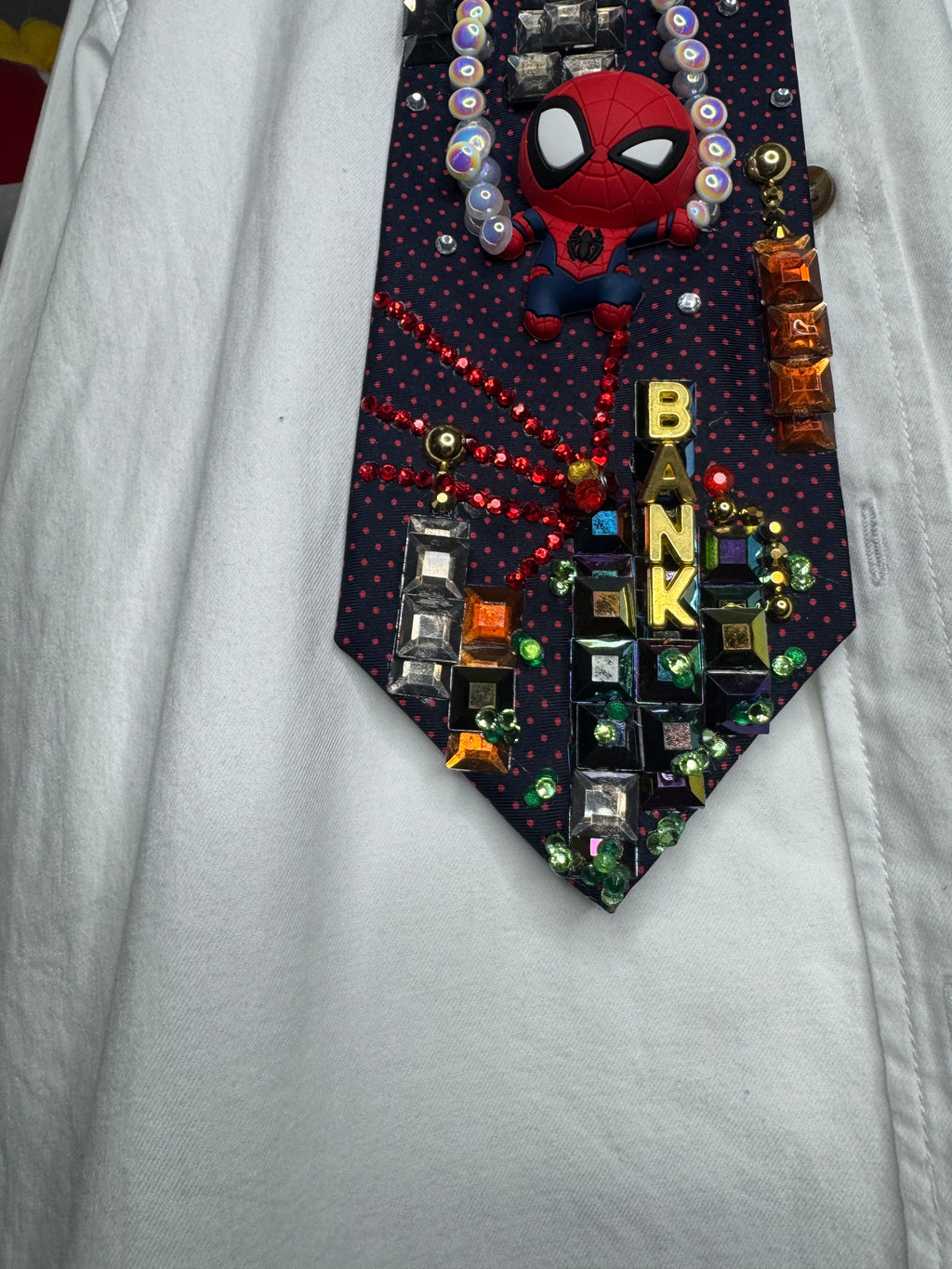 Navy Blue Spiderman Saving Bank Robbery in the City Tie