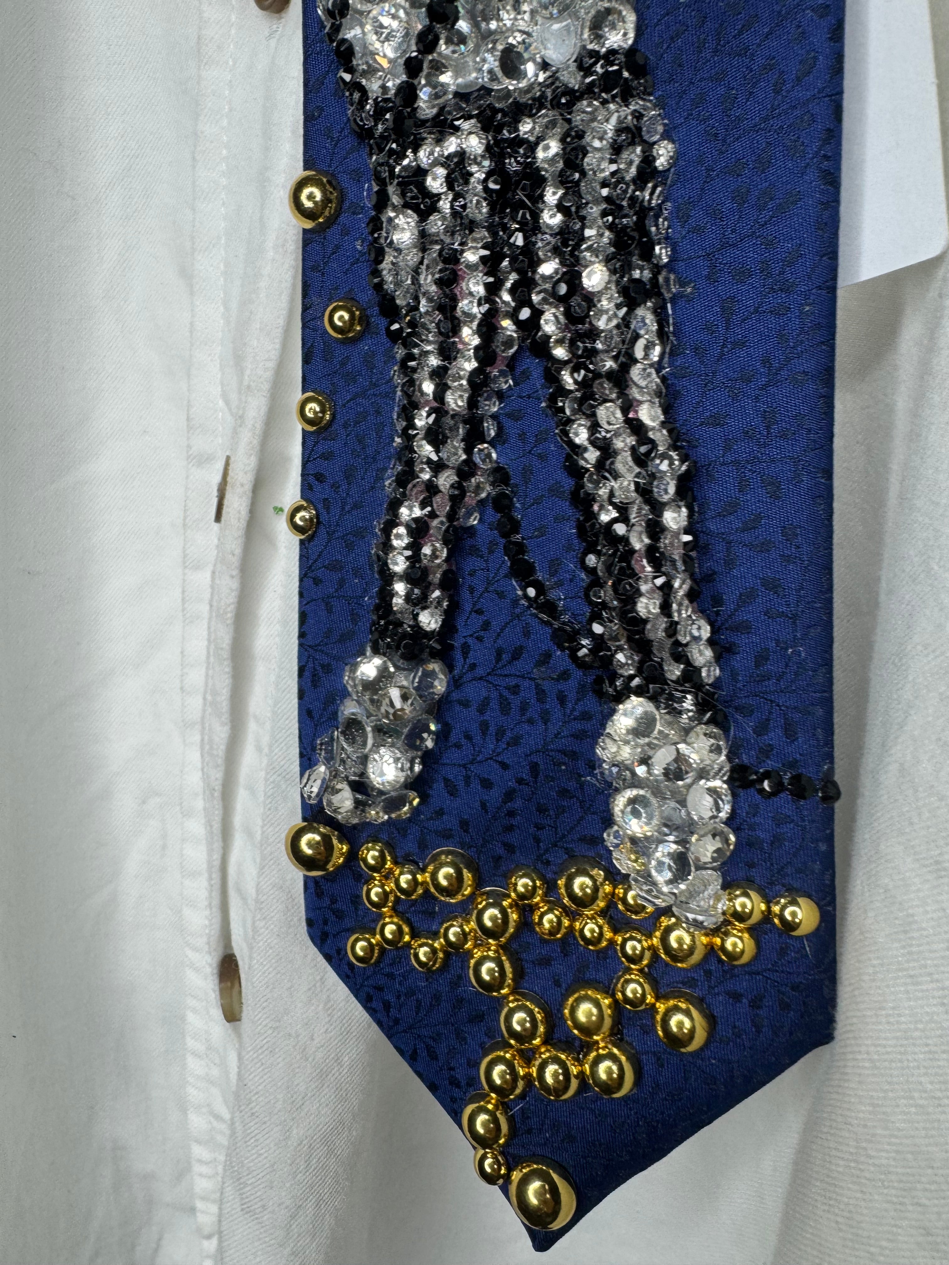 Navy Blue Floral Print Michael Jackson Hitting Star Body Pose While Performing Rock With You Live Tie
