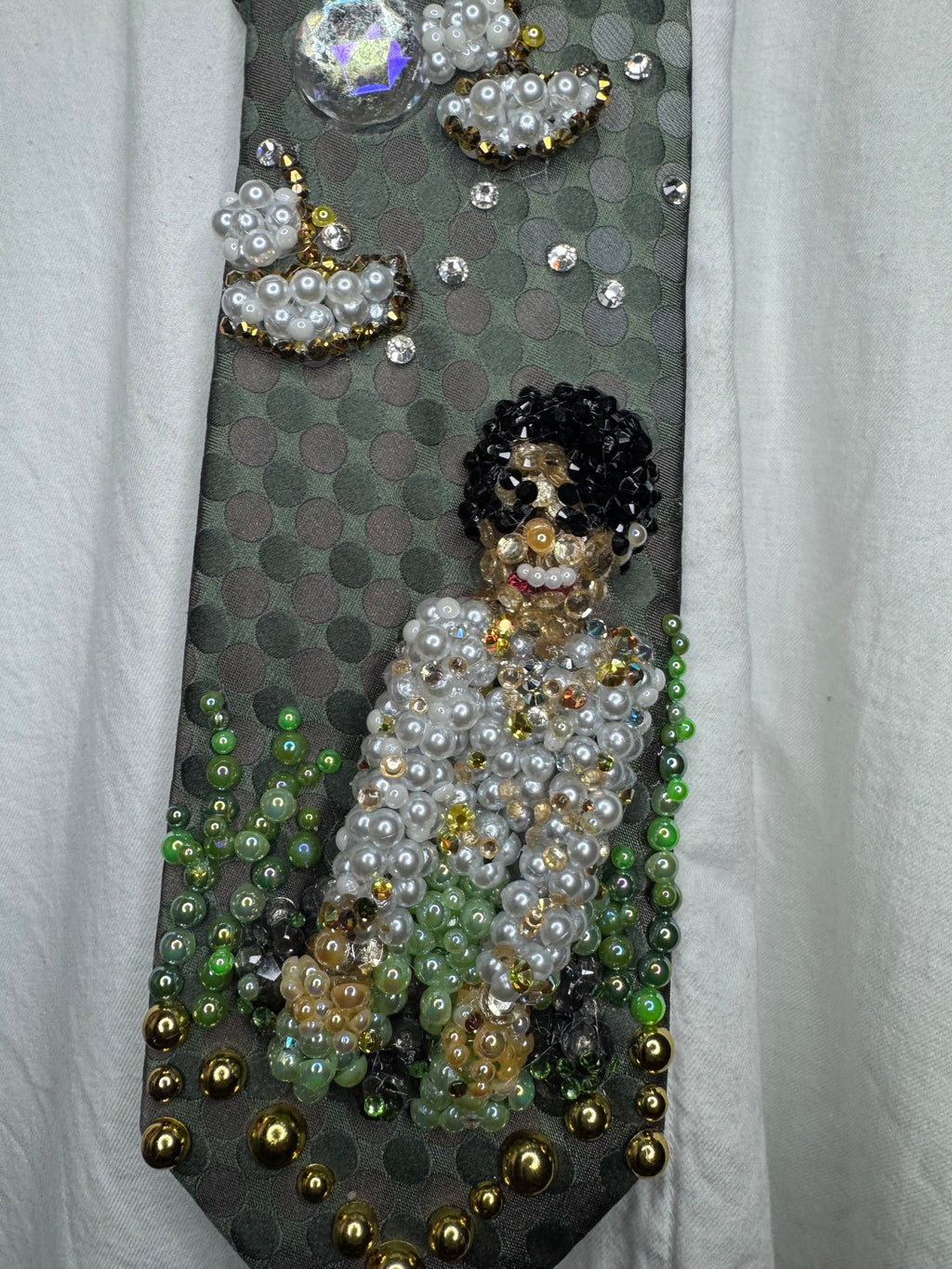 Dark Green Michael Jackson Smiling and Singing on Rock With Boats Flying By in Childhood Music Video Tie