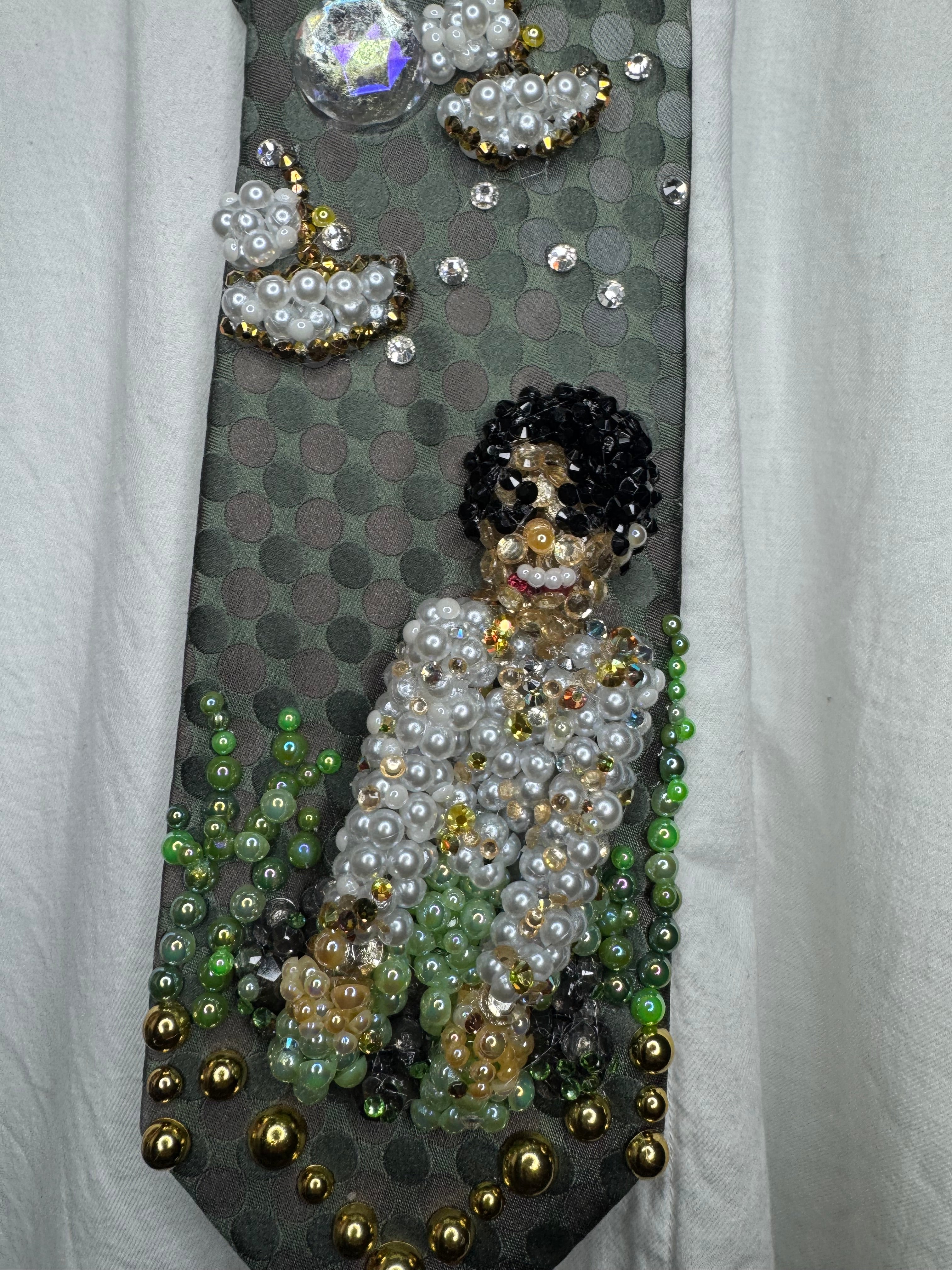 Dark Green Michael Jackson Smiling and Singing on Rock With Boats Flying By in Childhood Music Video Tie