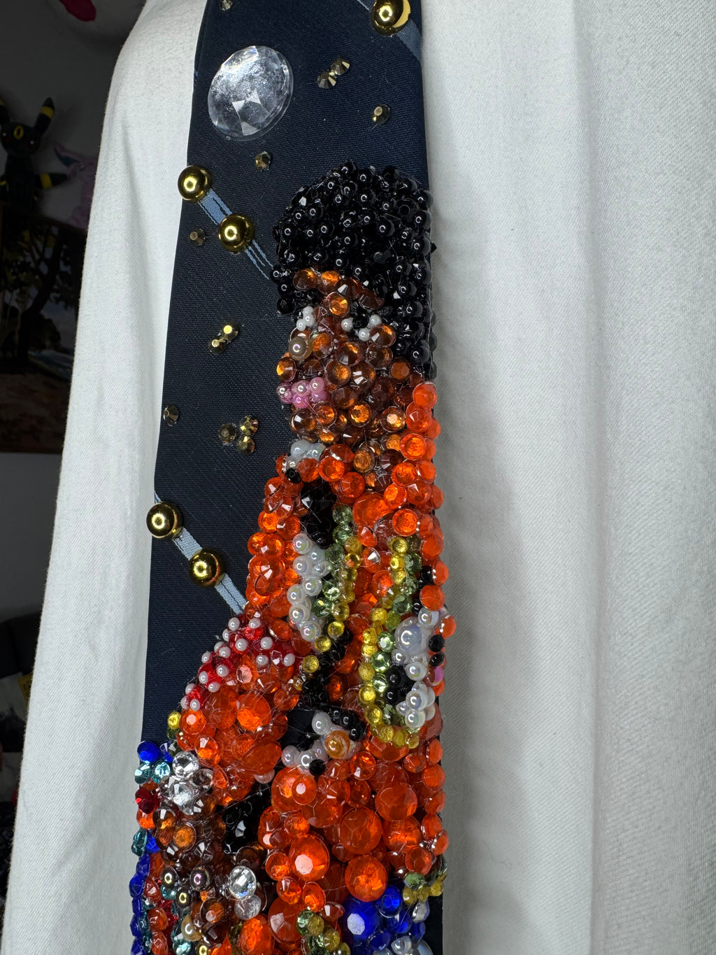 Navy Blue Young Michael Jackson In Orange and Floral Vest Outfit on White Chair 1972 Tie