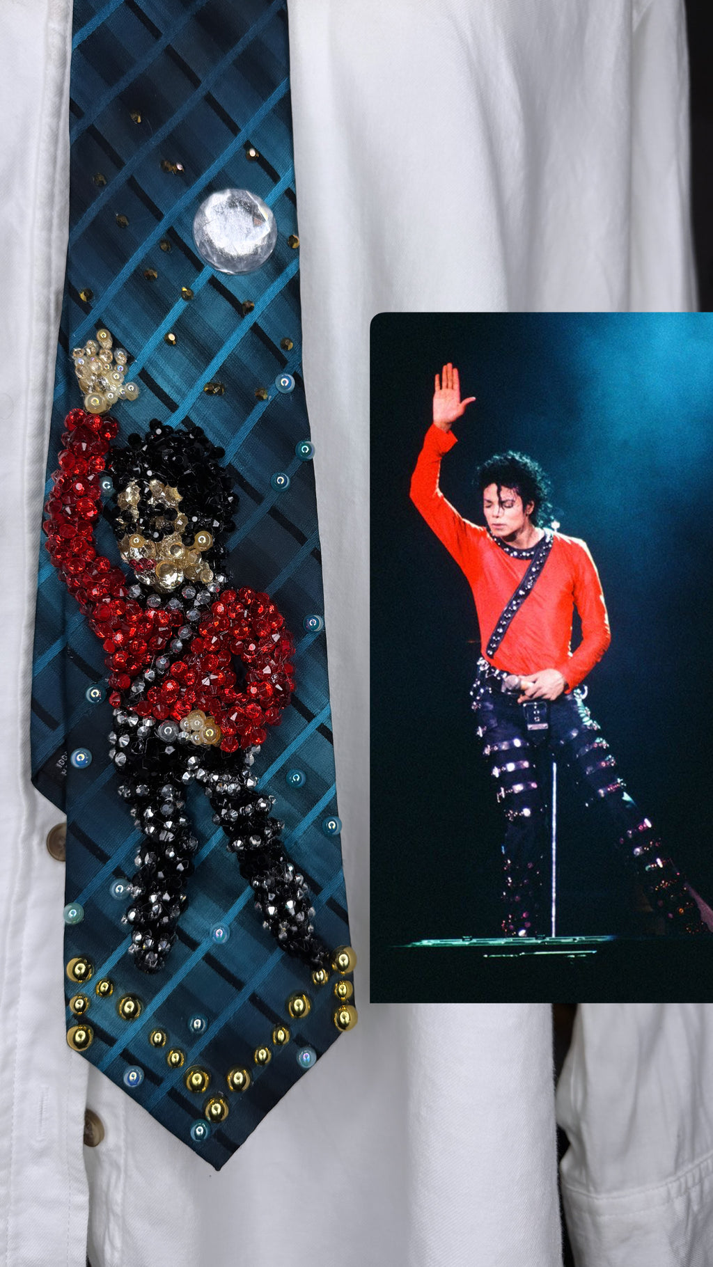 Dark Plaid Turquoise Michael Jackson Hitting Hand Up Wide Leg Pose to Human Nature In Tokyo Red Shirt Bad Tour 1988 Tie