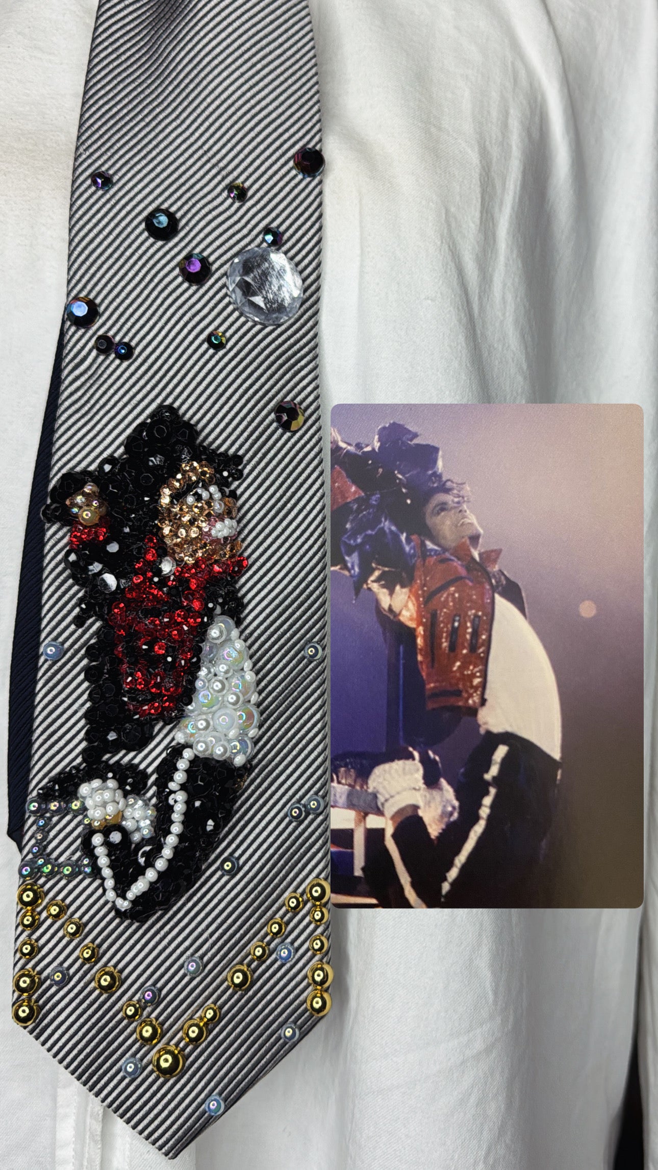 Grey Michael Jackson Hanging Off Moving Platform To Beat It For Bad Tour Wembly Concert 1988 Tie