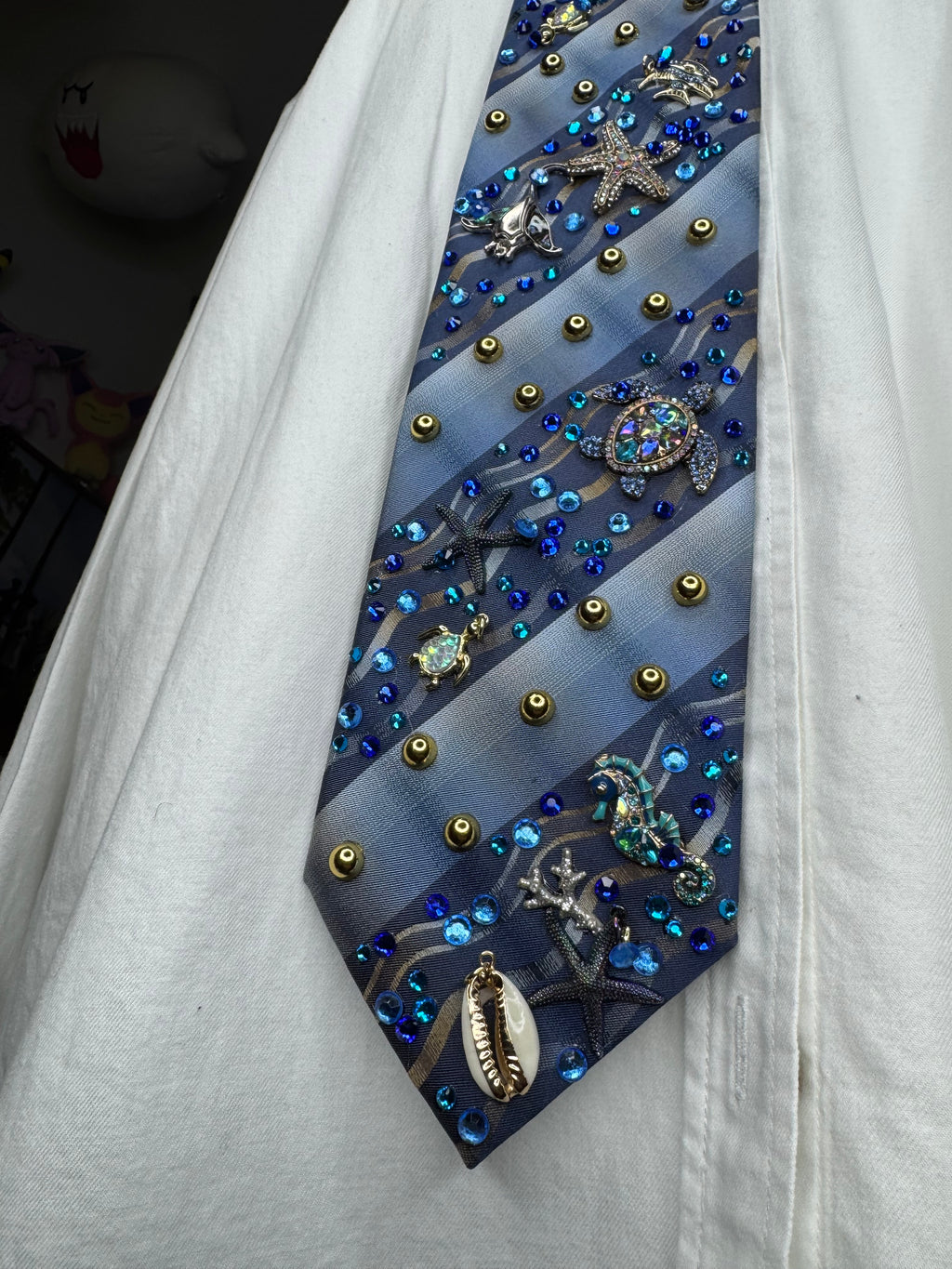 Blue Striped Wavy Ocean Floor Aquatic Nature Tie