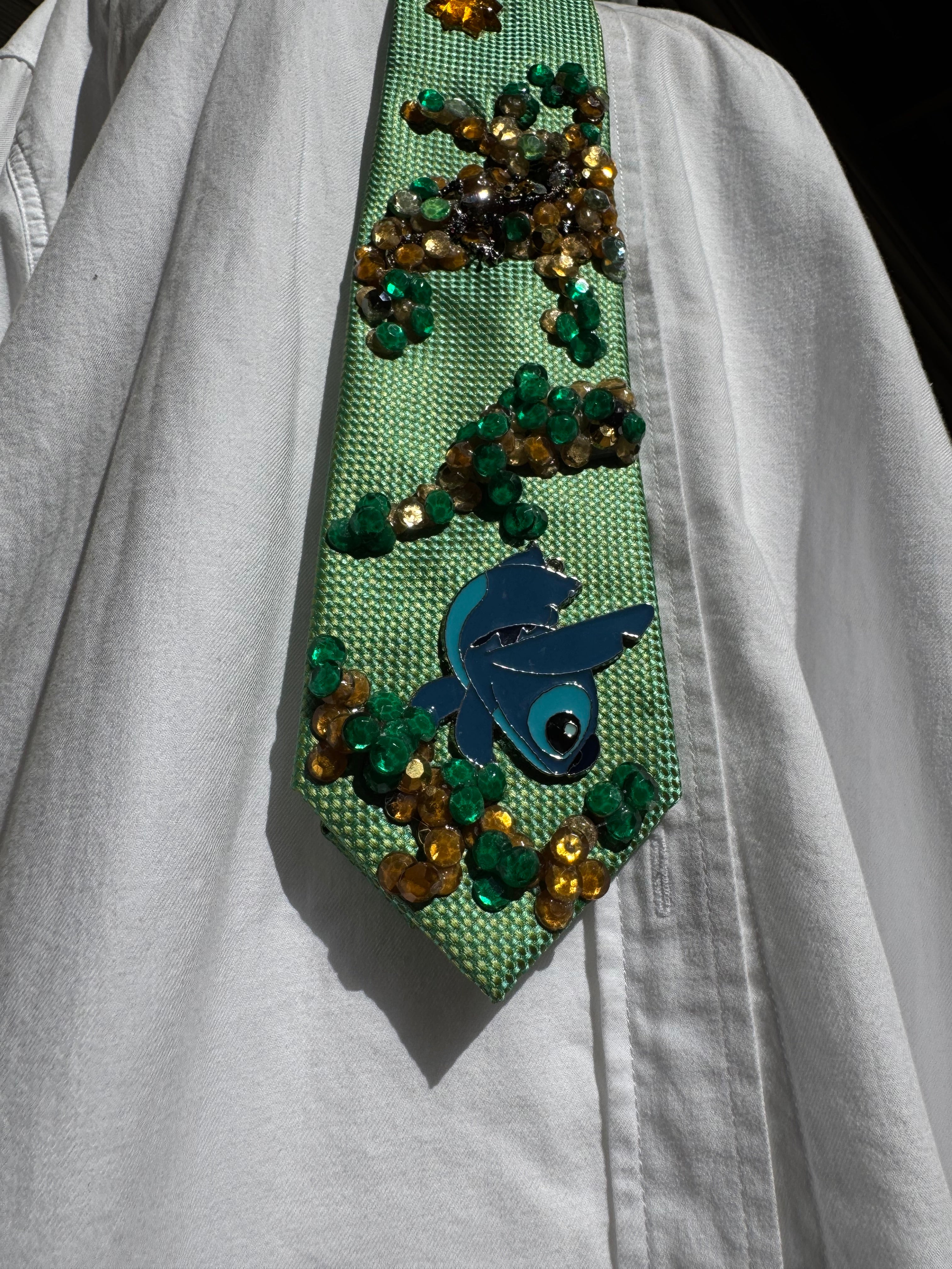 Light Green Stitch Hand Stand Walking Through Trees Nature Tie