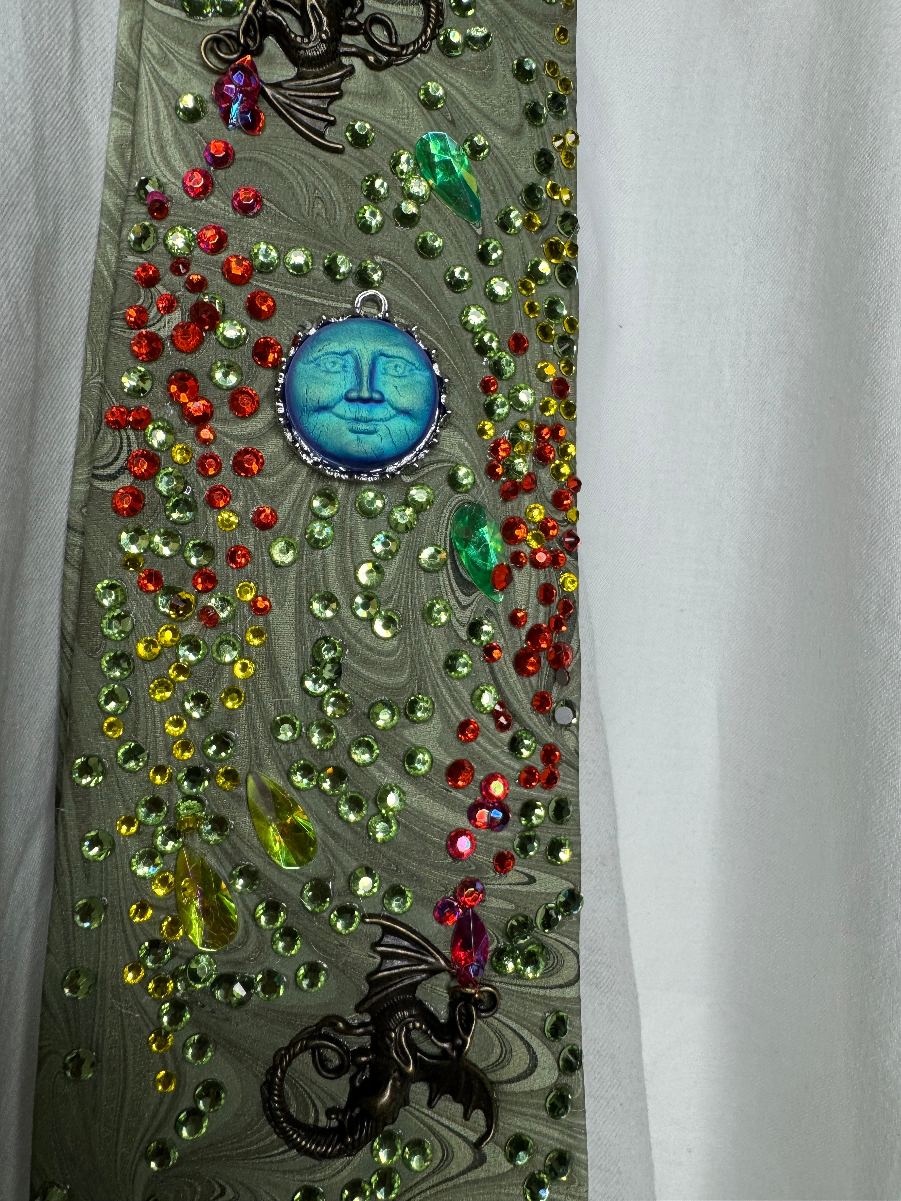 Green Wavy Print Dragons Spitting Flames Neon Sun Royalty Tie