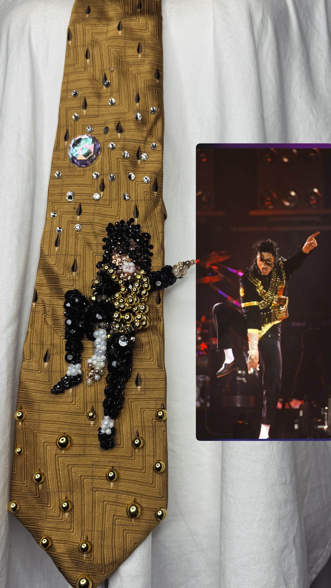 Gold Michael Jackson Hitting Knee Up Pointing Left Pop n Lock Move For Jam During Dangerous World Tour 1993 Tie