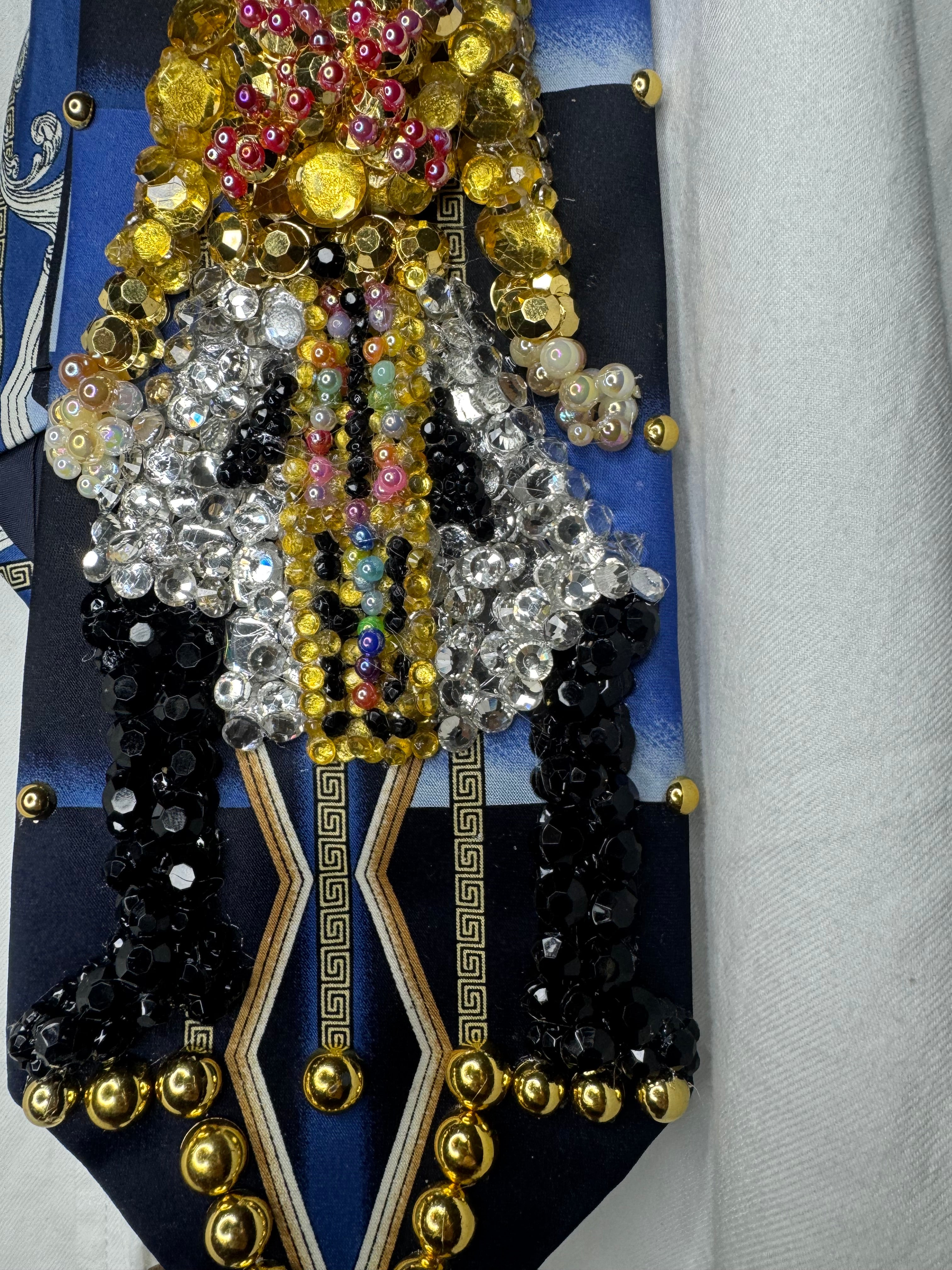 Navy Blue Egyptian Print Michael Jackson Hitting Squat Knee Pose From Remember the Time Music Video Tie