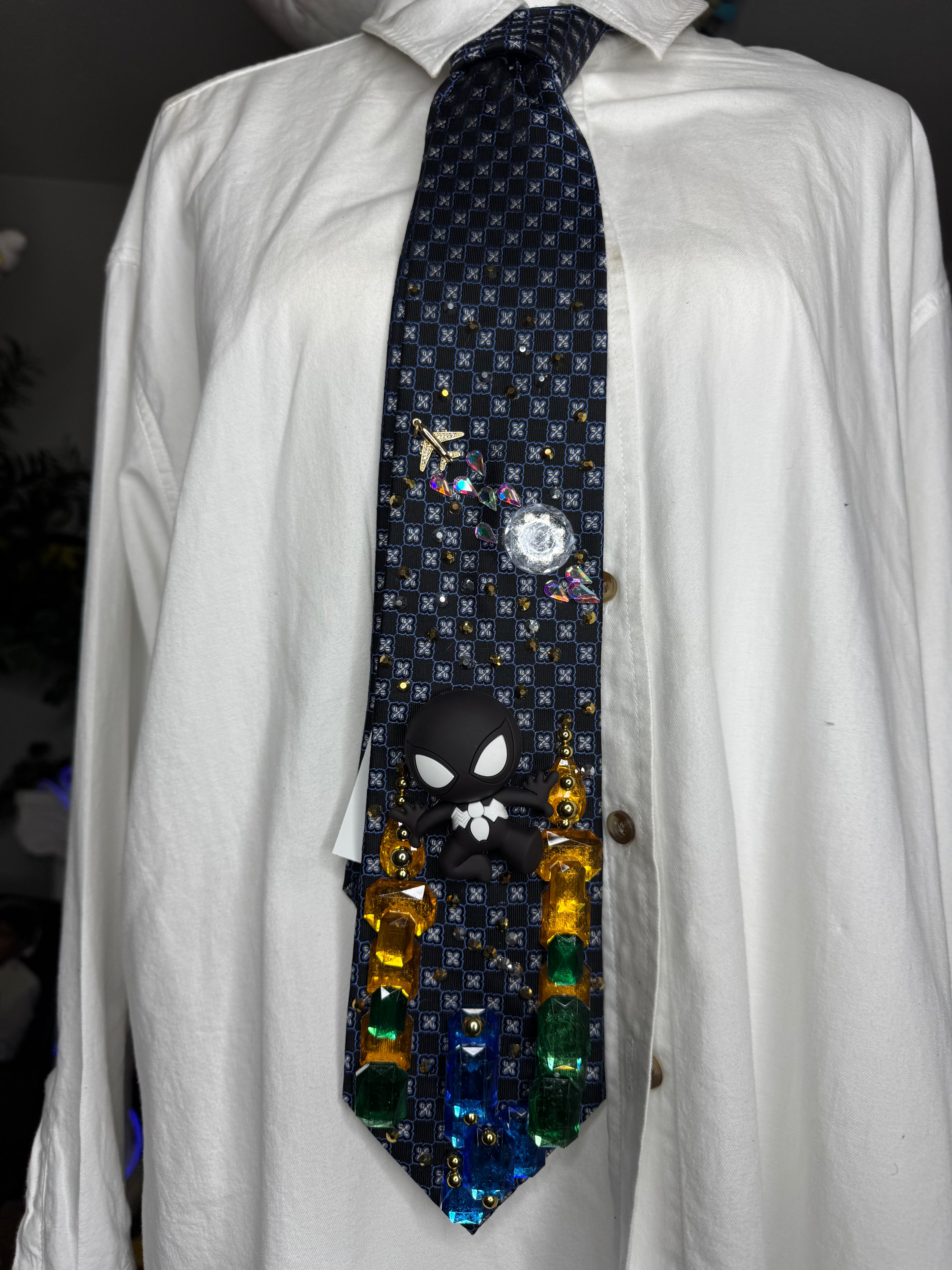 Navy Blue Symbiote Suit Spiderman On Top of Buildings at Night Tie