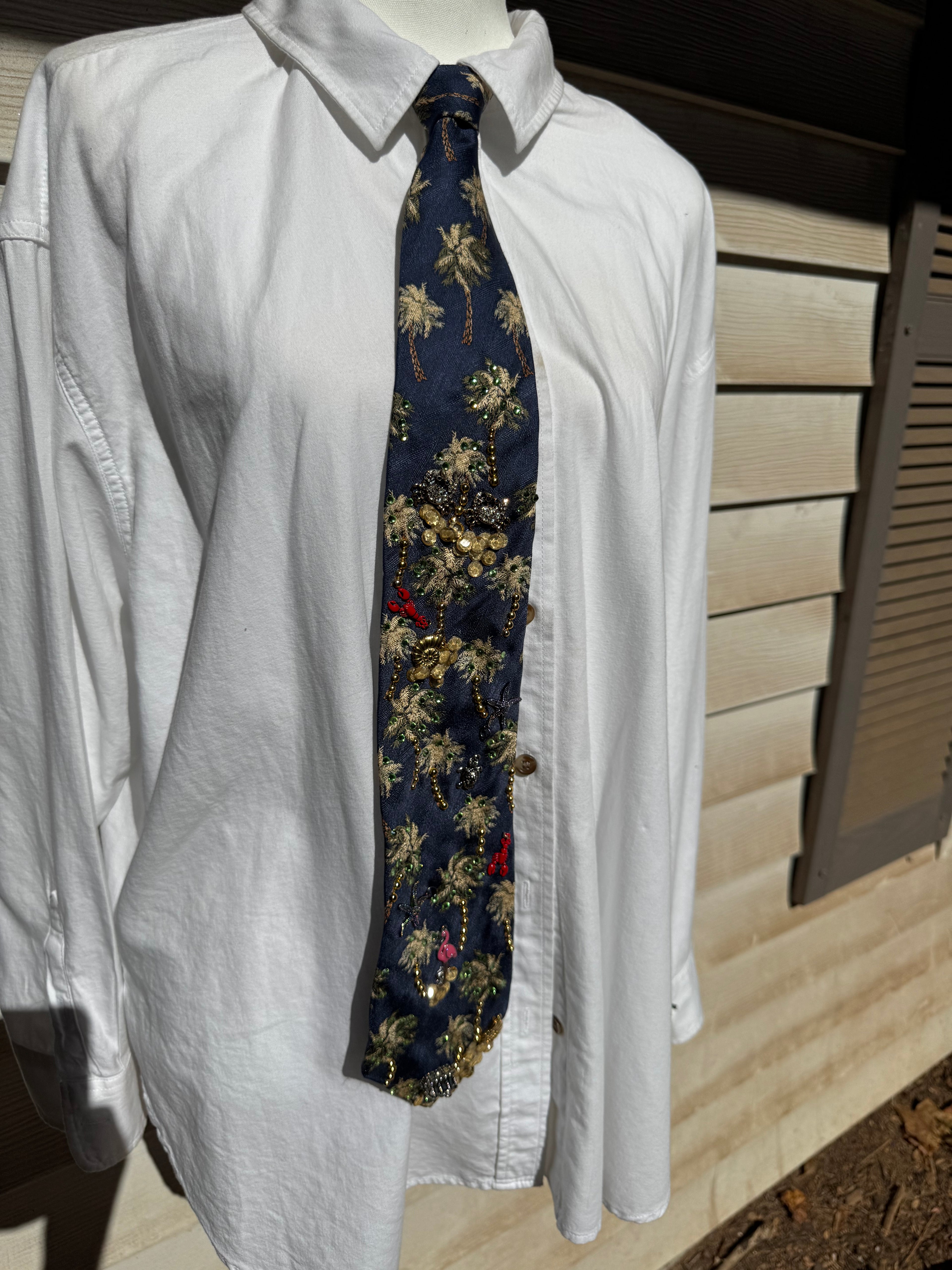 Navy Blue Palm Trees Tropical Royalty Nature Tie