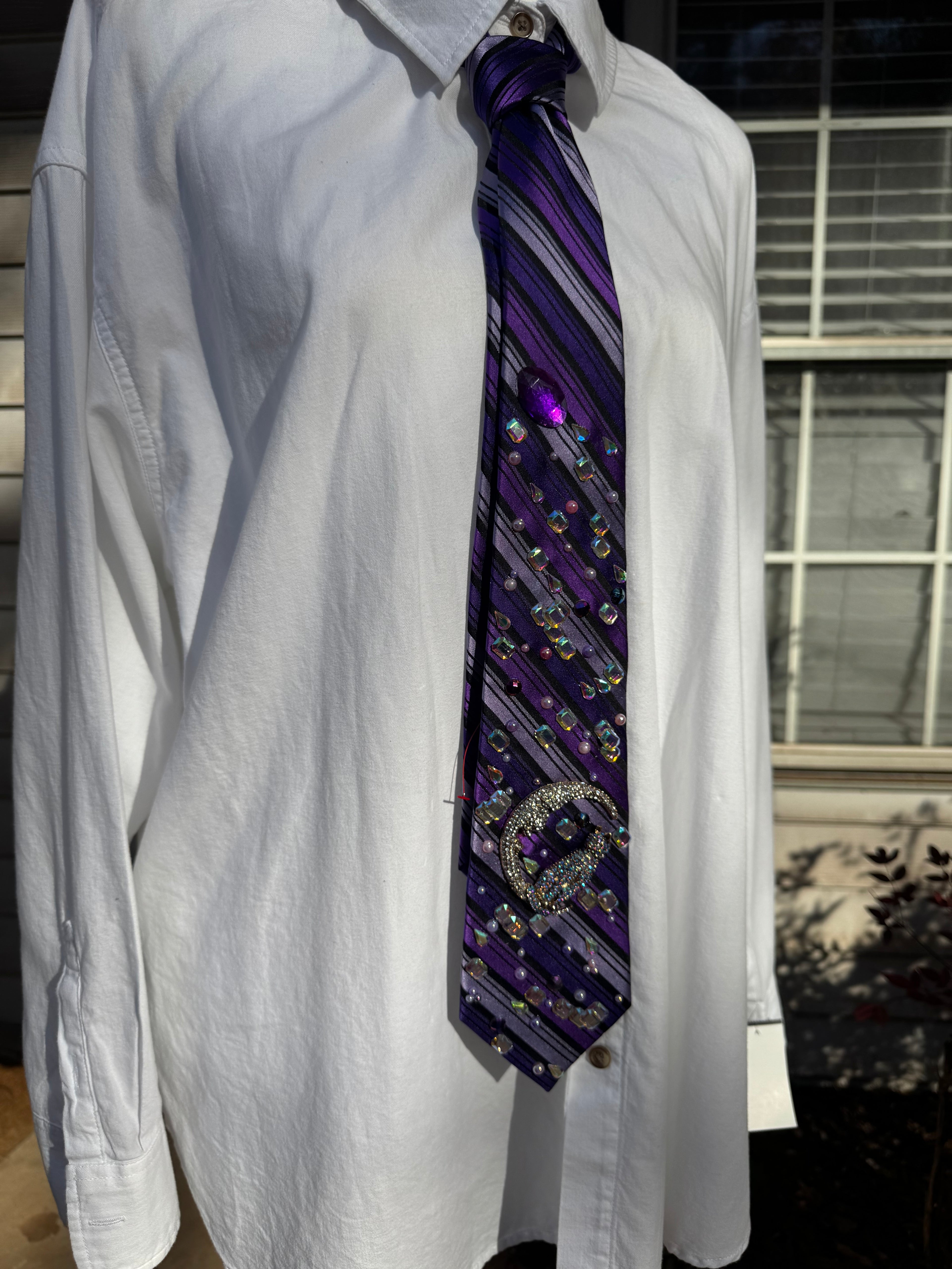 Purple Striped Cat on Moon in Baguette Space Royalty Tie