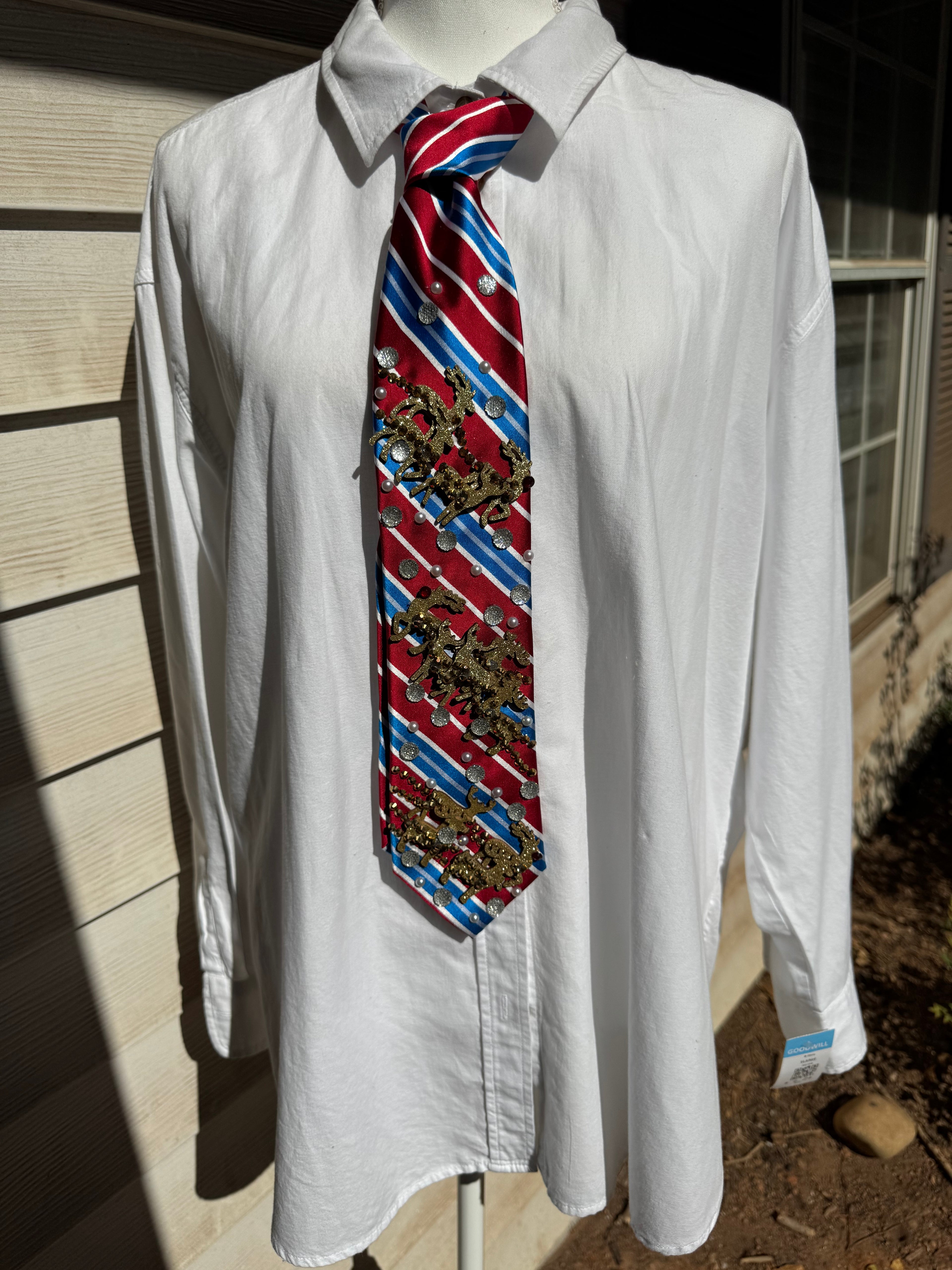 Red and Blue Striped Rudolf and the Reindeers Sleighing By Christmas Tie