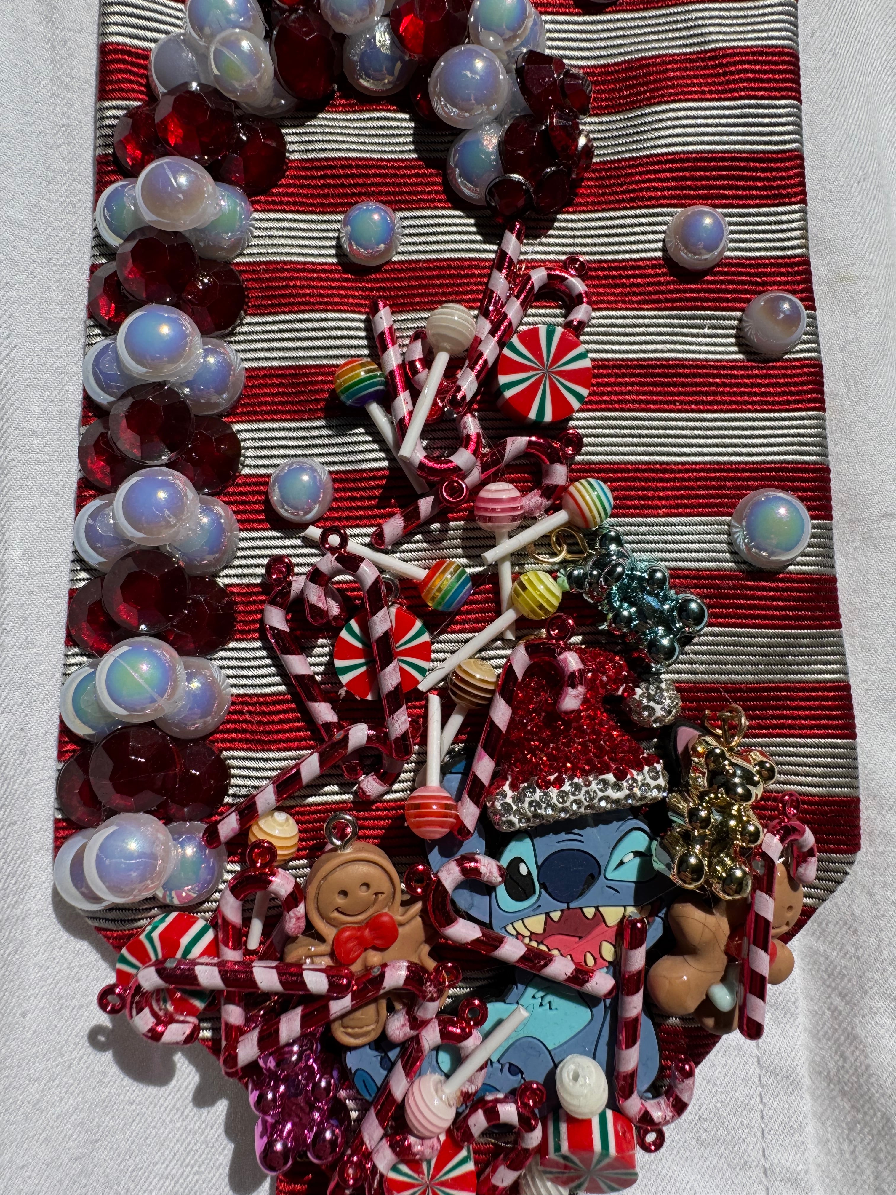 Red and White Pinstriped Candy Cane Candy Fountain Showering Stitch Christmas Tie