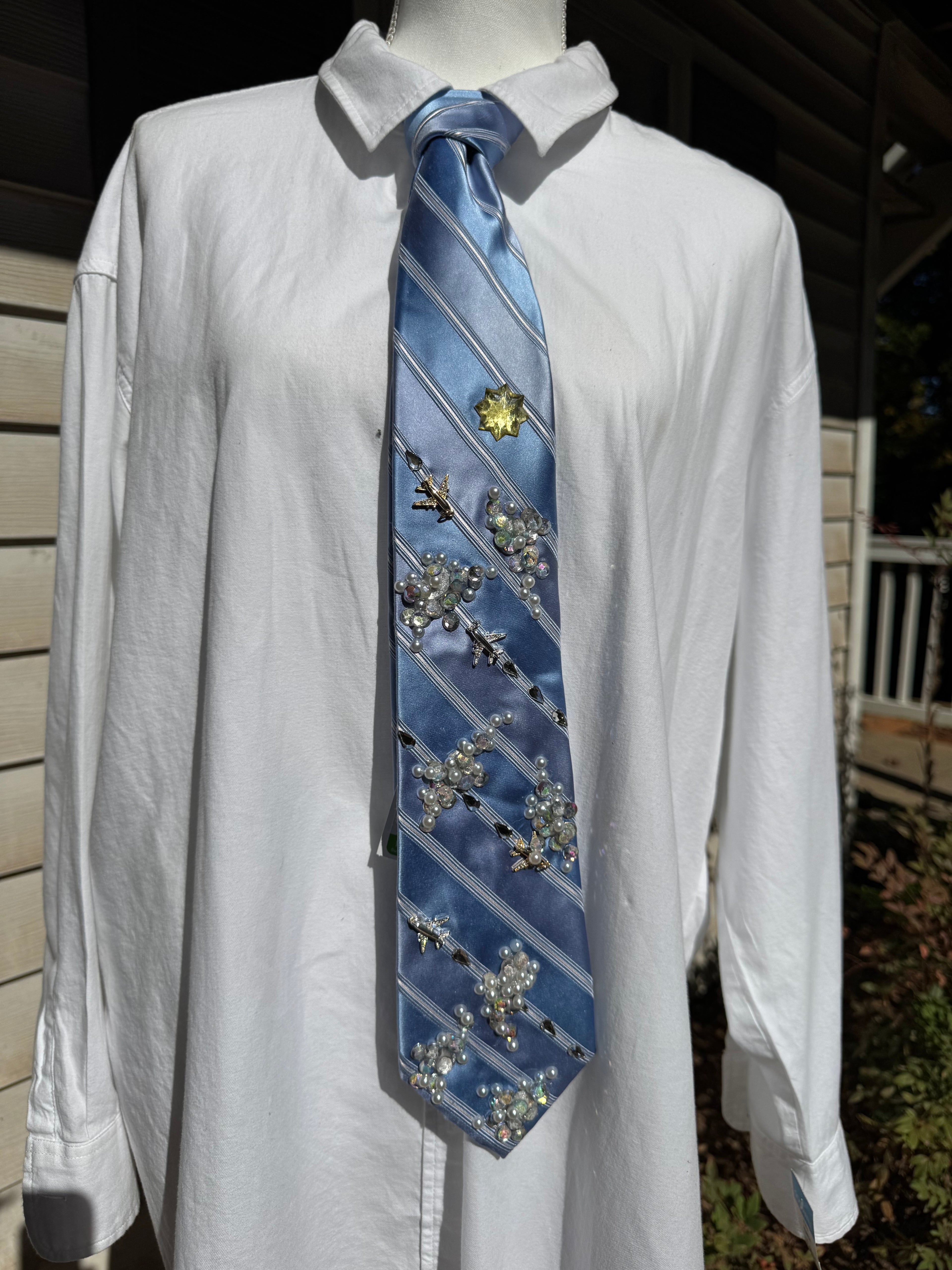 Light Blue Striped Clouds and Airplanes Pilot Tie