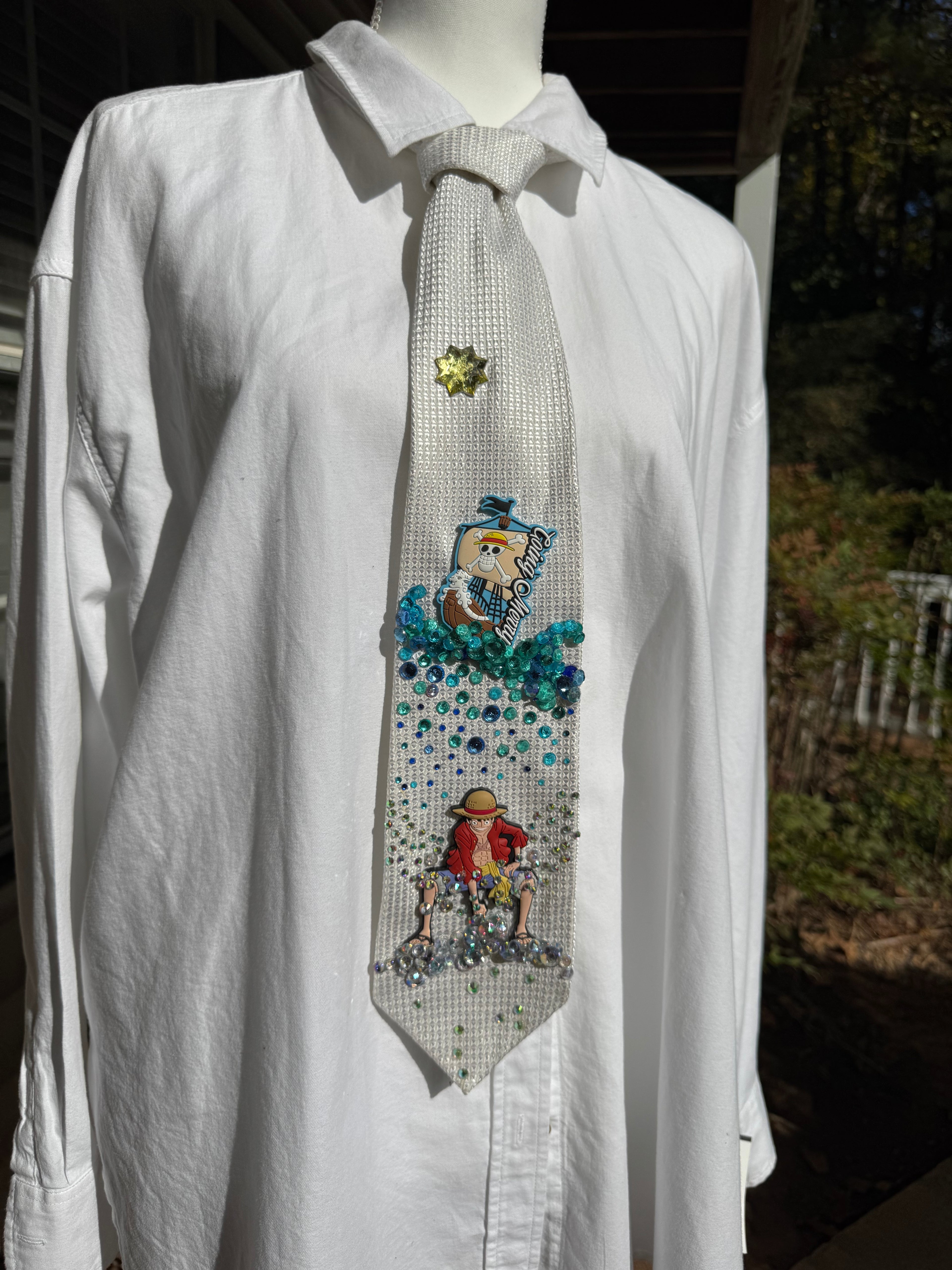White Luffy Punching Rock Under Merry Ship One Piece Anime Tie