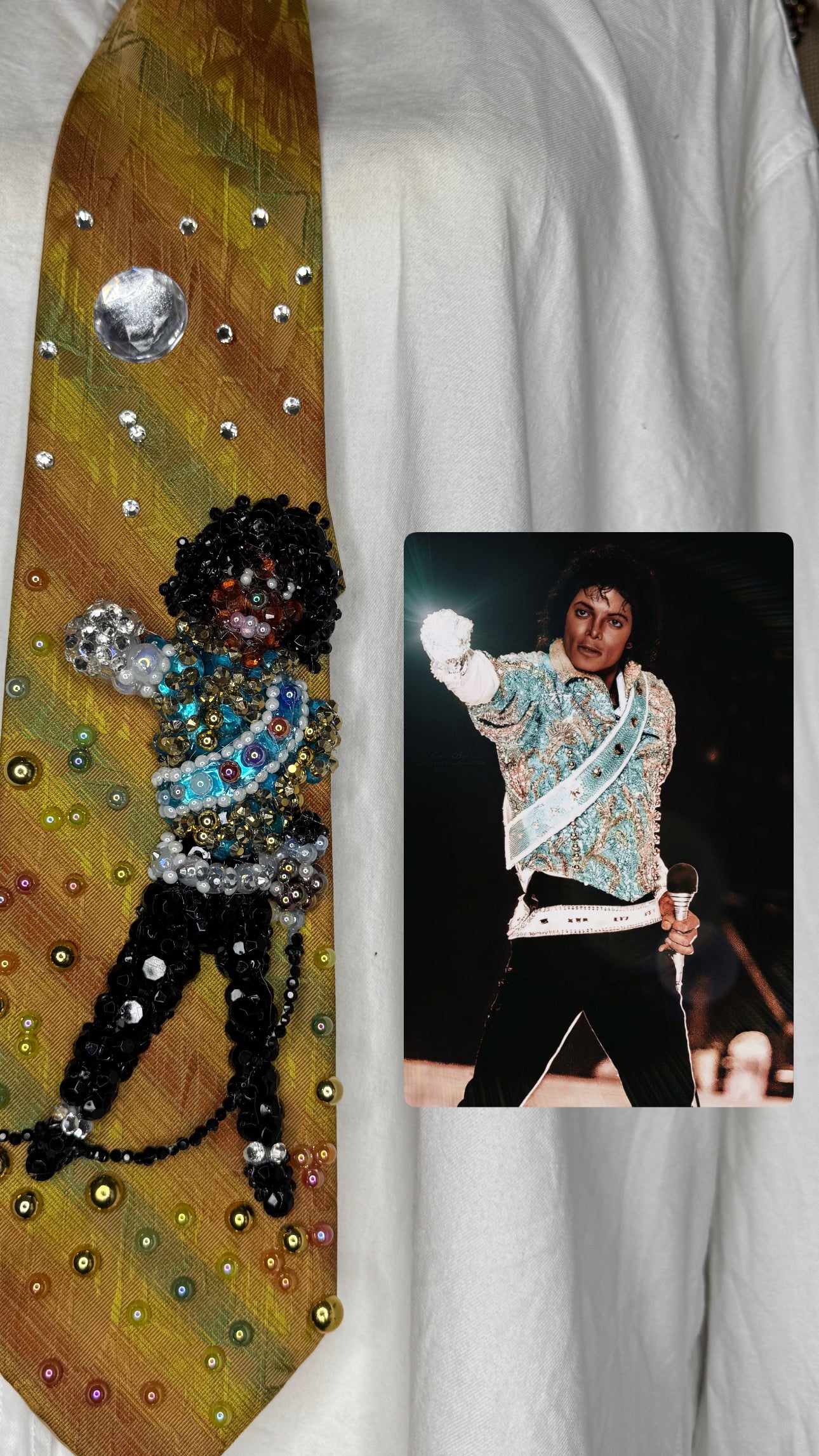Multicolored Striped Michael Jackson Light Blue and Gold Fist Out Pose Victory Tour 1984 Tie