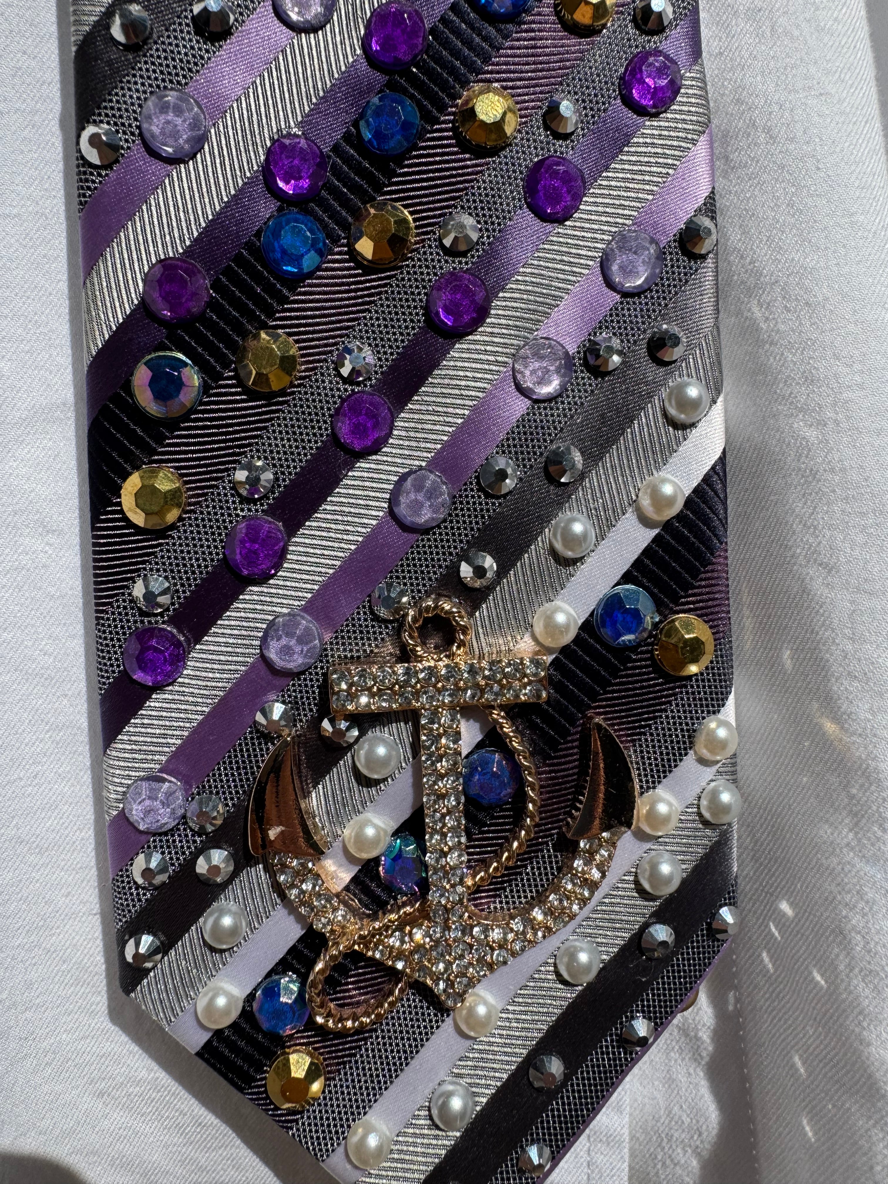 Purple and Grey Striped Anchored Nautical Tie