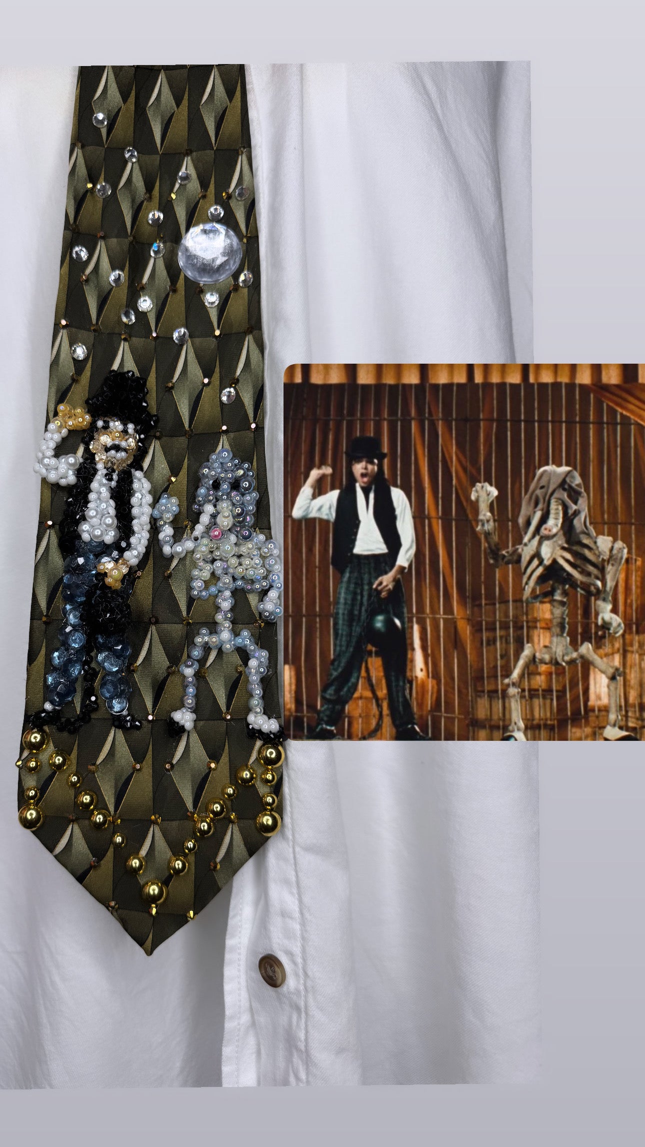 Olive Oil Green Michael Jackson & Skeleton Elephant Dancing Together Scene In Leave Me Alone Music Video Tie
