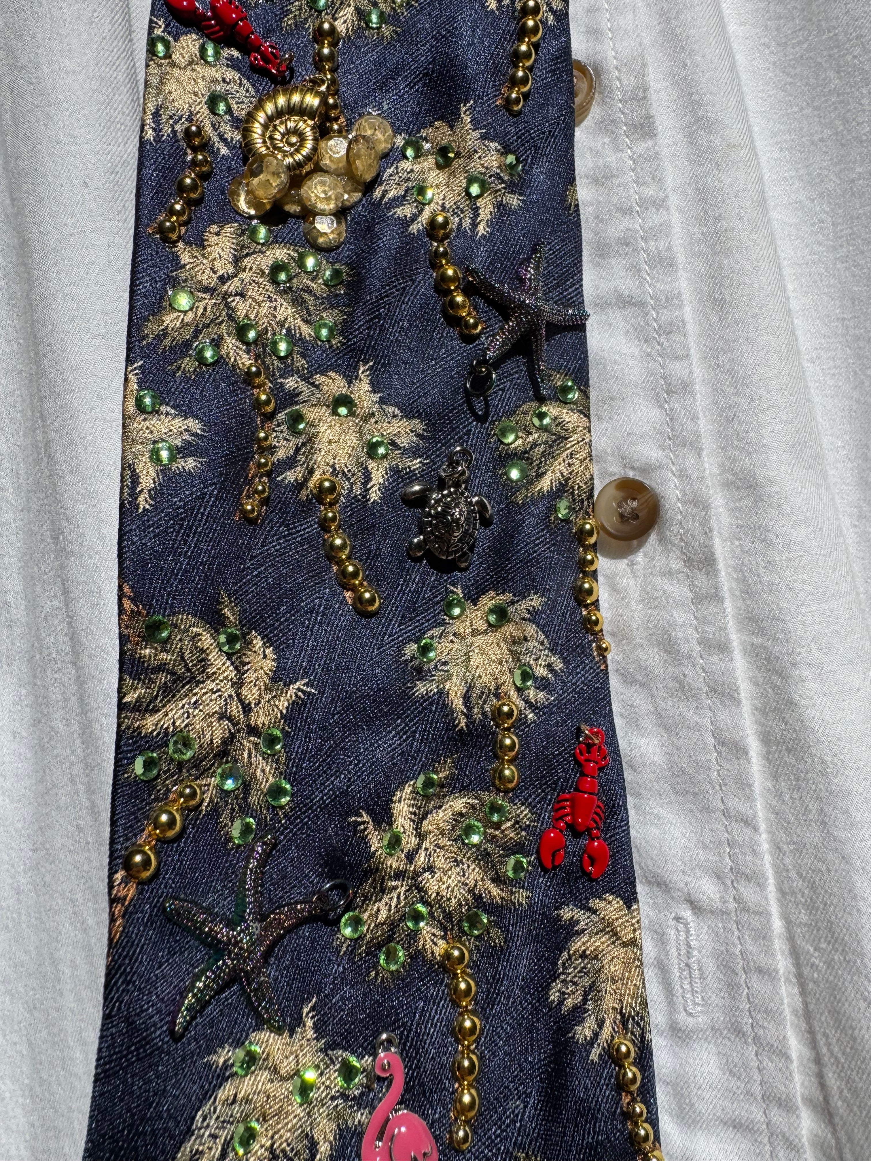 Navy Blue Palm Trees Tropical Royalty Nature Tie