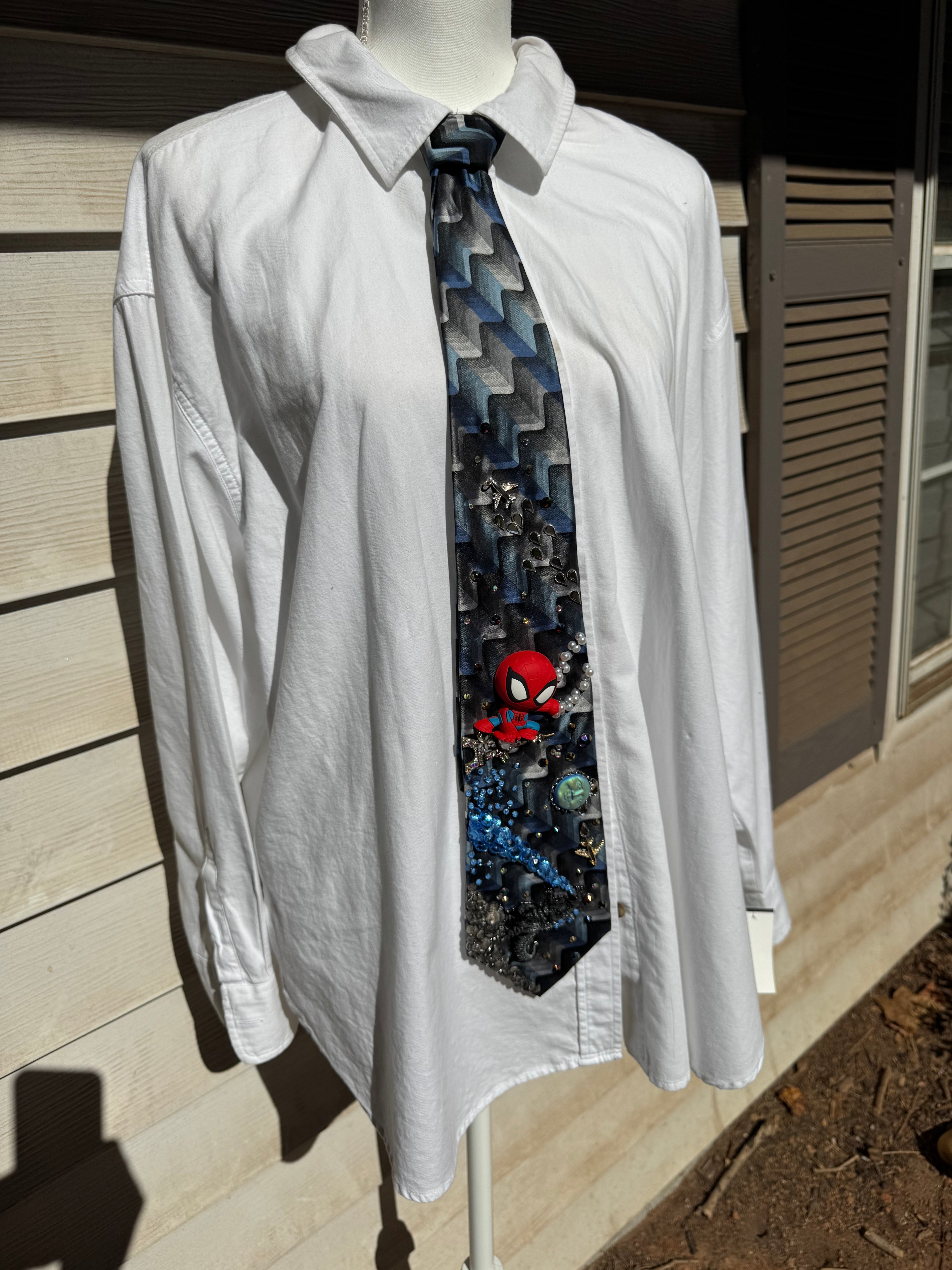 Navy Blue and Grey Wavy Spiderman Saving Paris France from Supercharged Godzilla Tie