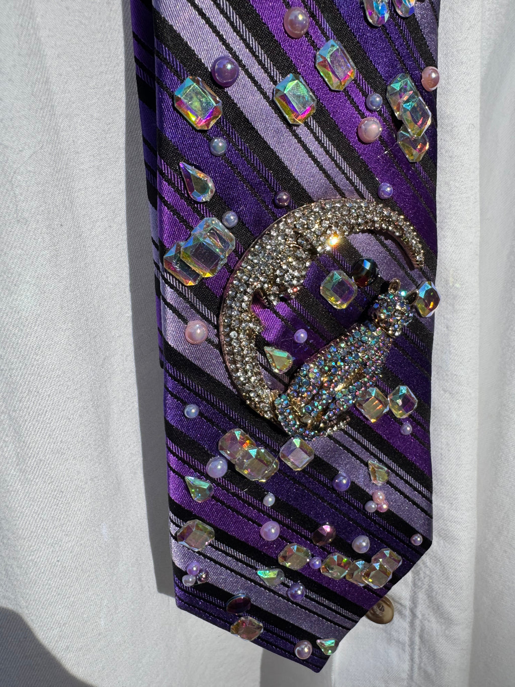Purple Striped Cat on Moon in Baguette Space Royalty Tie