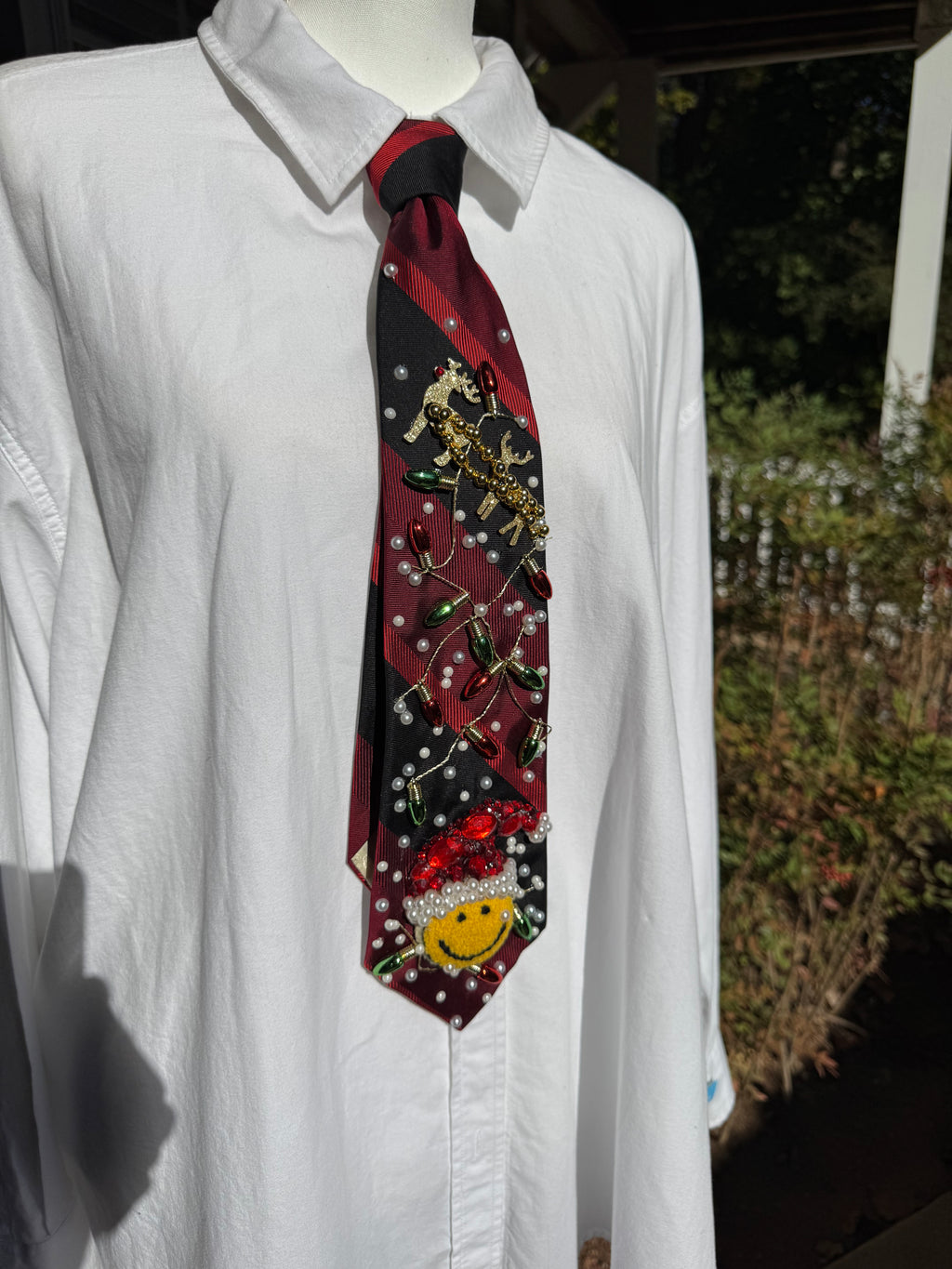 Red and Black Striped Smiley Santa Face Christmas Tie
