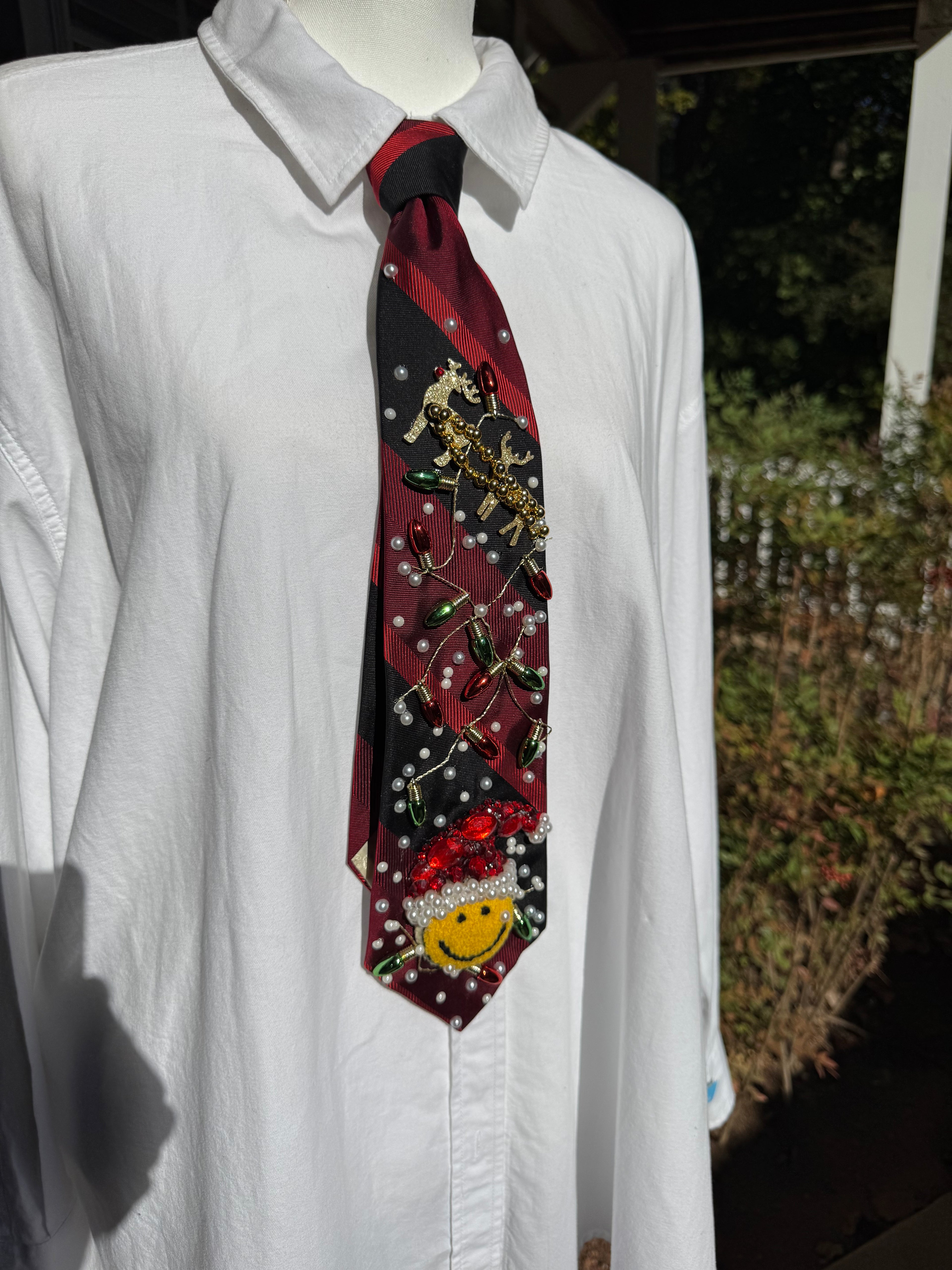 Red and Black Striped Smiley Santa Face Christmas Tie