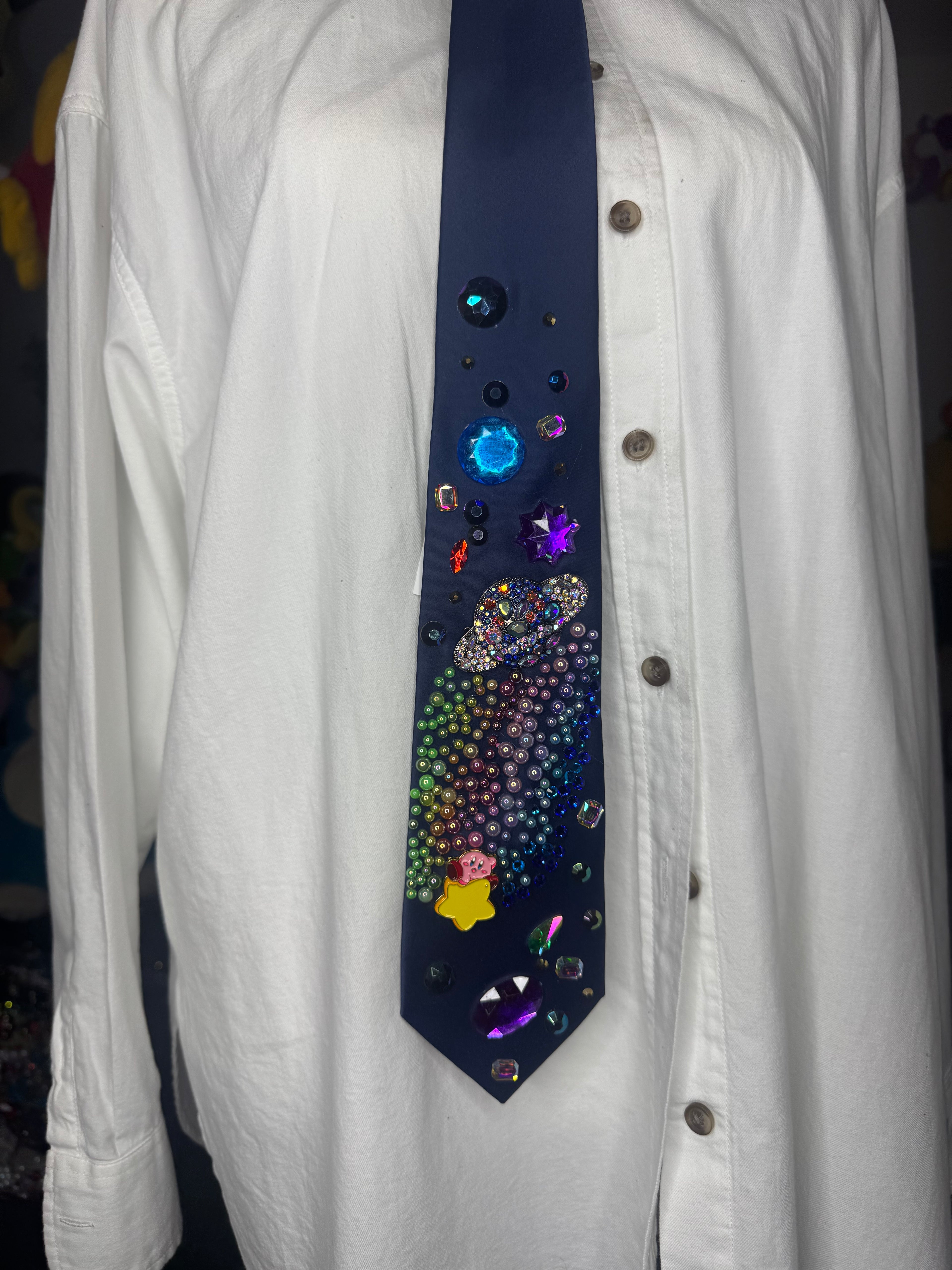 Navy Blue Kirby on Star Leaving Rainbow Stardust Anime Tie
