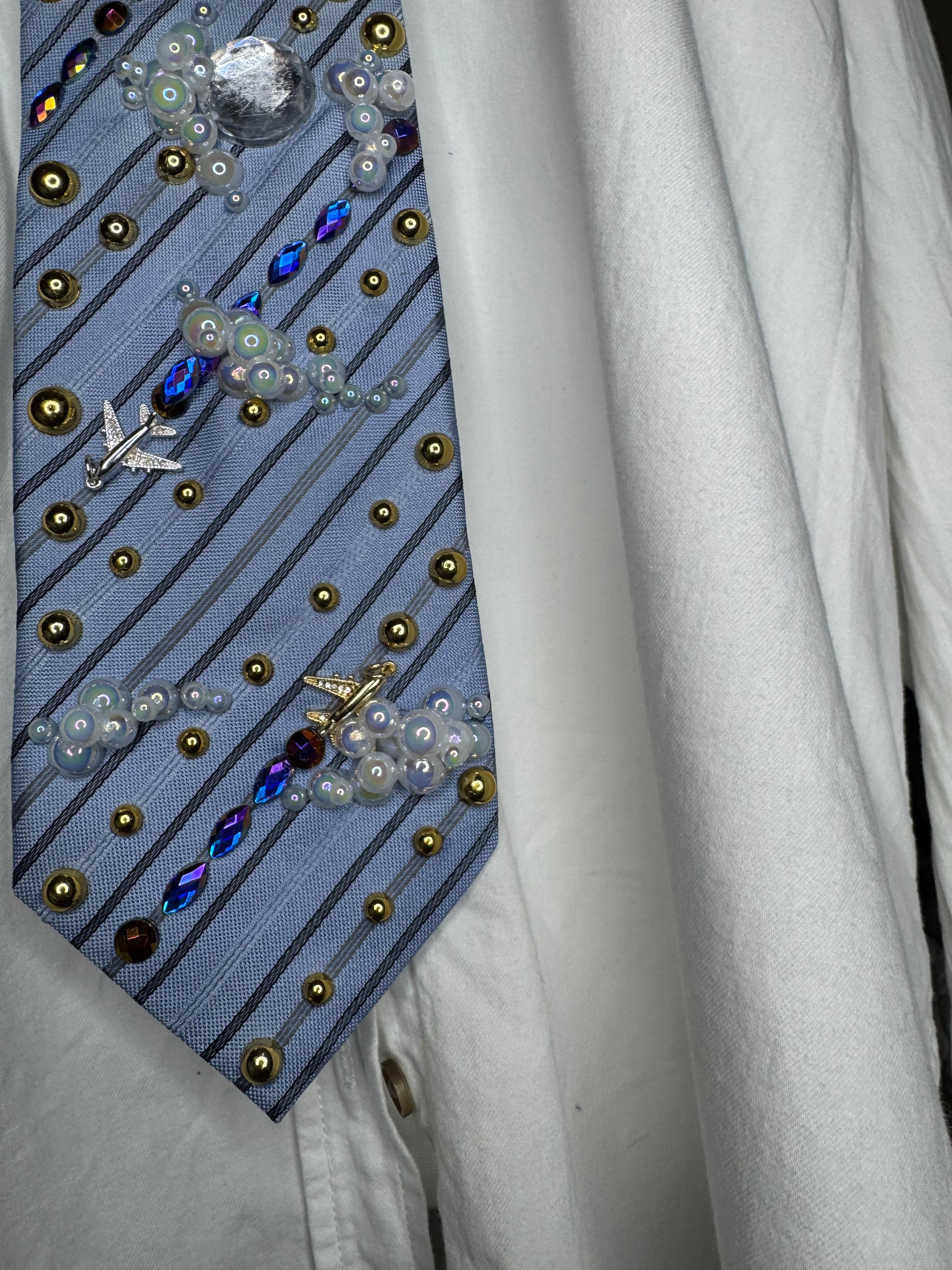 Light Blue Striped Clouds and Airplanes Leaving Jewel Trail Royalty Pilot Tie
