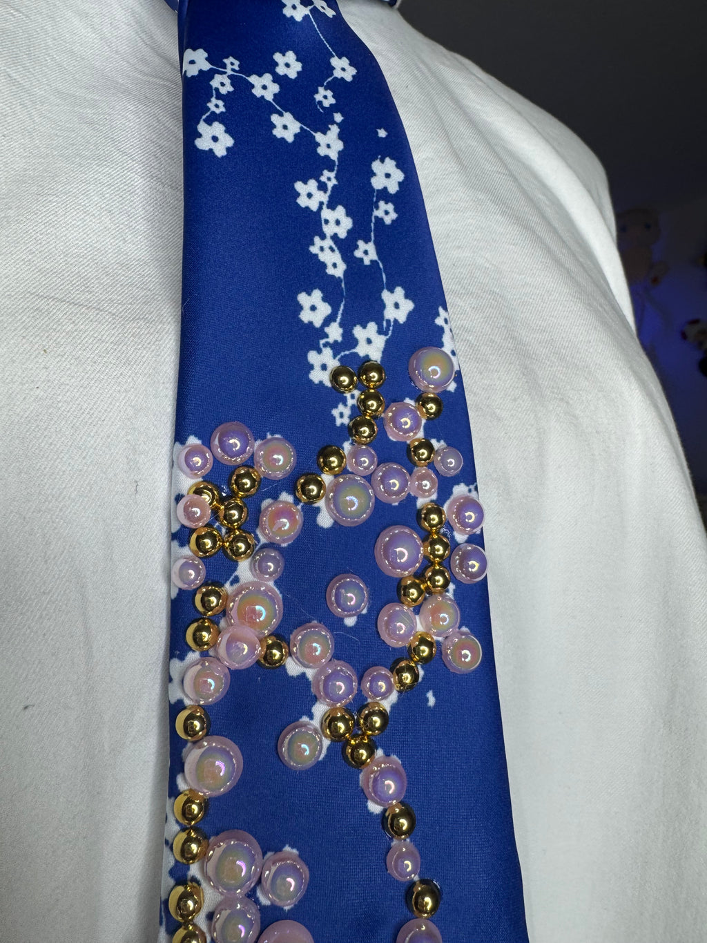 Blue Gold Branch Cherry Blossoms Nature Royalty Tie