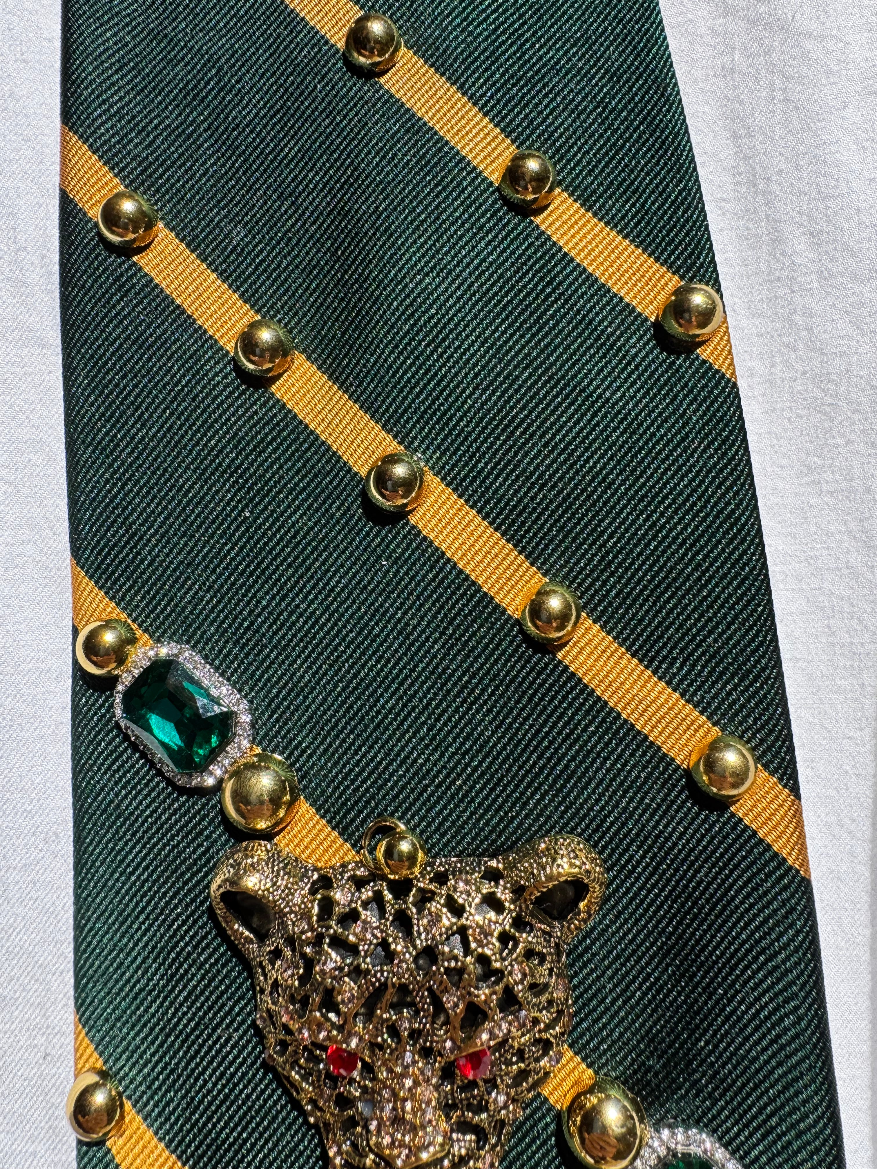 Ivory Green and Gold Striped Mad Jaguar Royalty Nature Tie