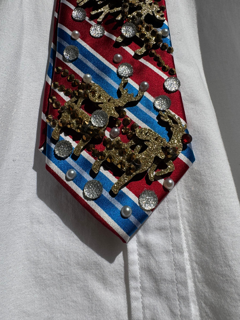Red and Blue Striped Rudolf and the Reindeers Sleighing By Christmas Tie
