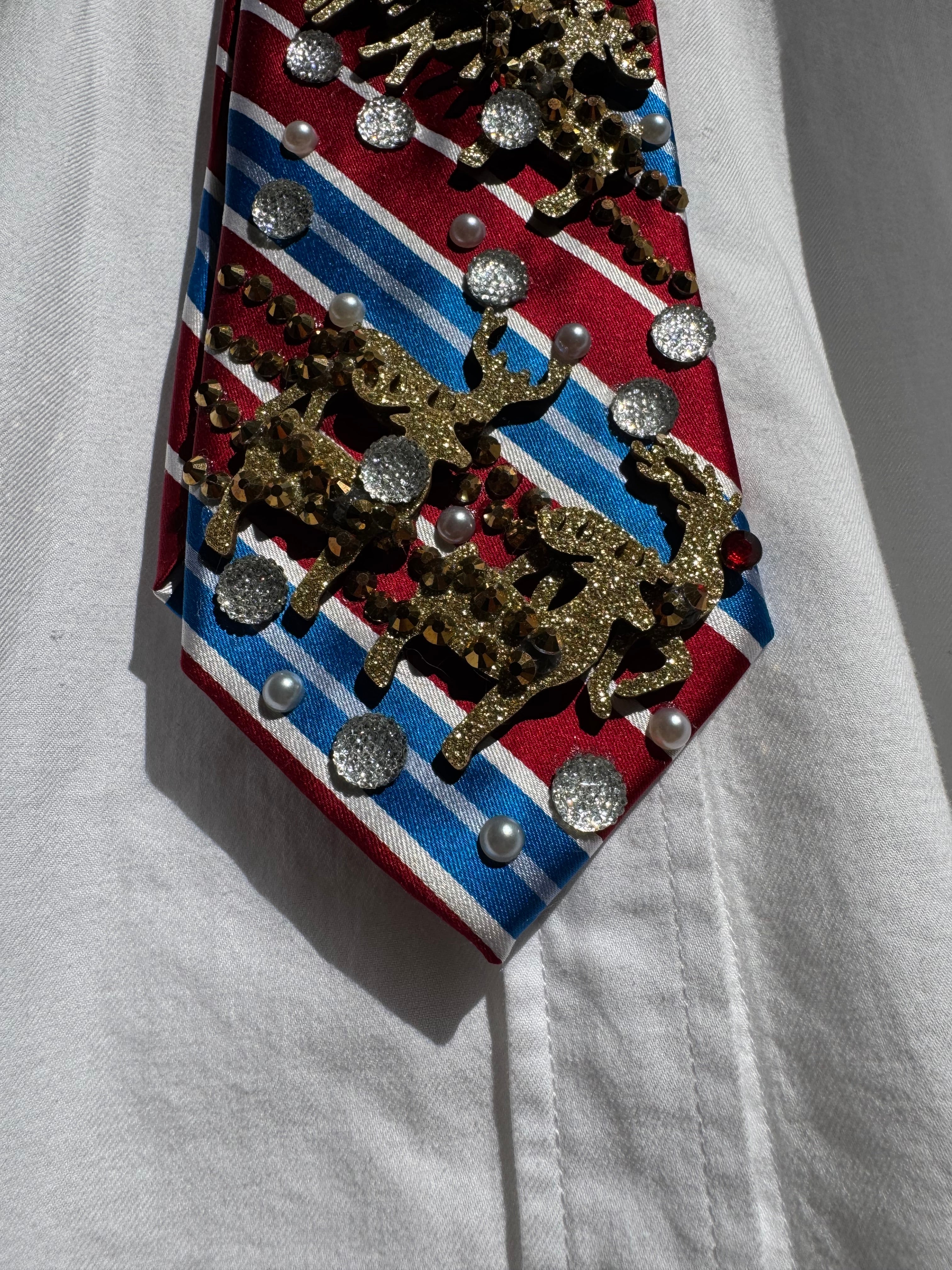 Red and Blue Striped Rudolf and the Reindeers Sleighing By Christmas Tie