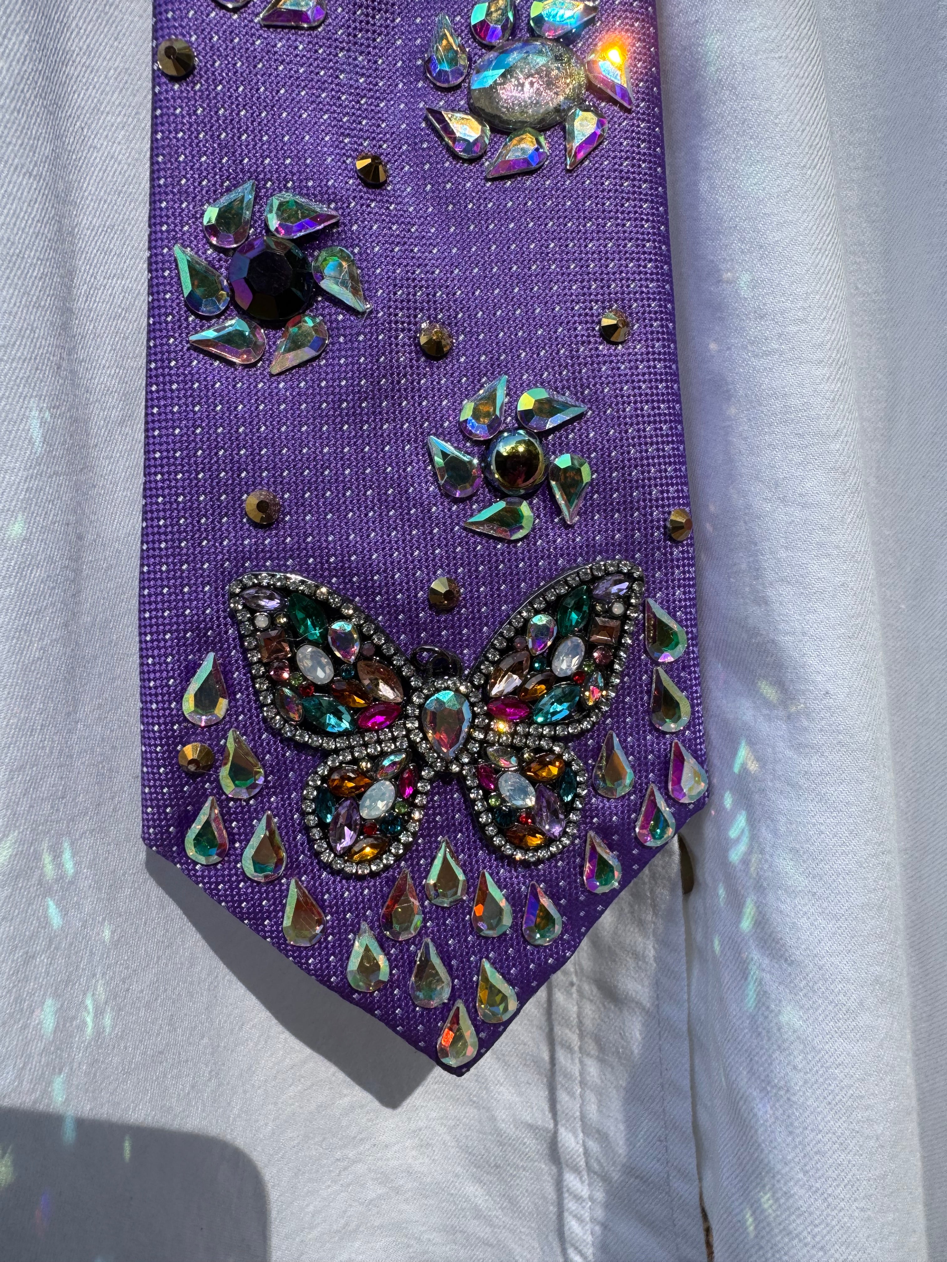 Purple Colorful Butterfly and Iridescent Flowers Nature Royalty Tie