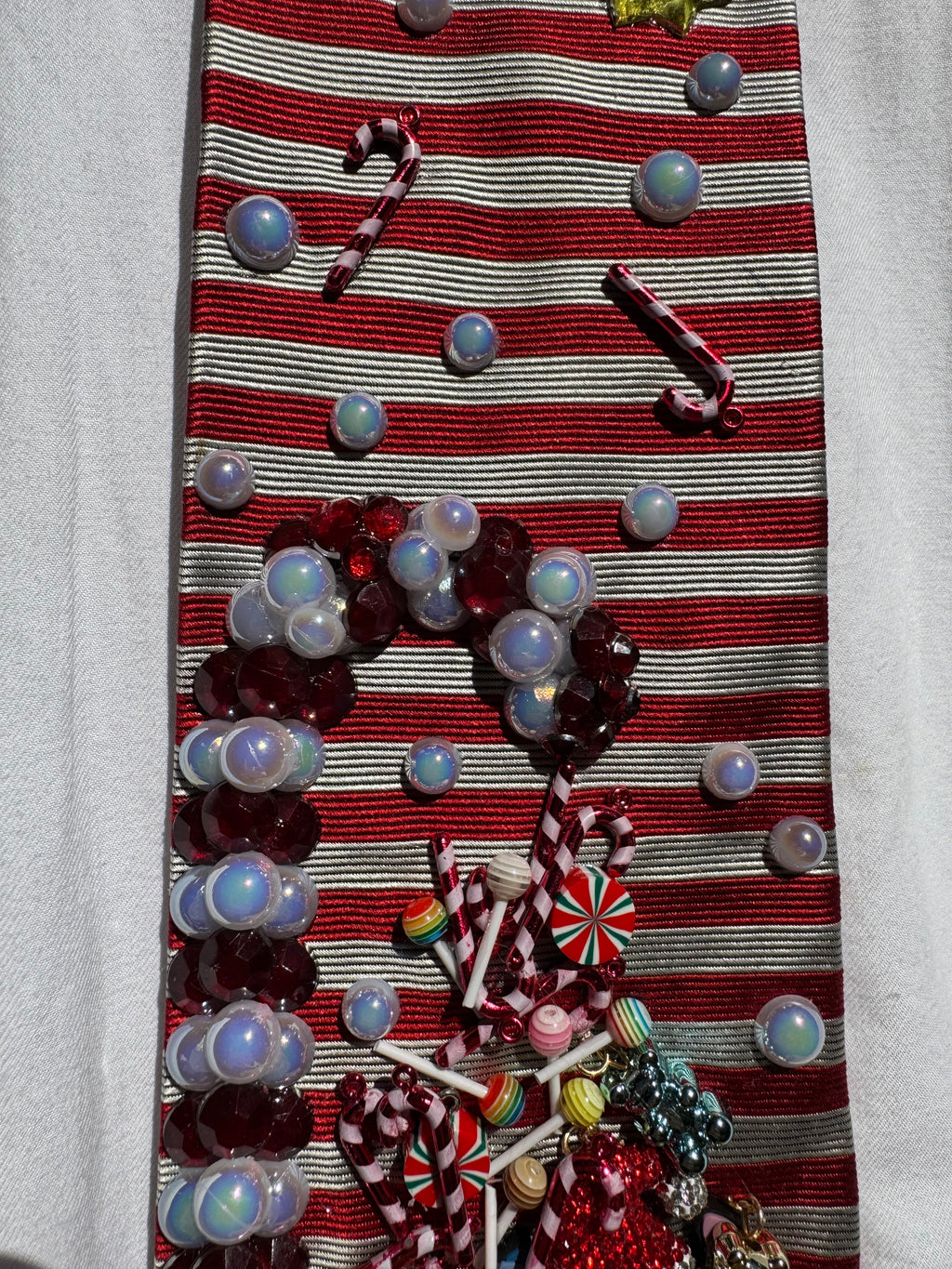 Red and White Pinstriped Candy Cane Candy Fountain Showering Stitch Christmas Tie