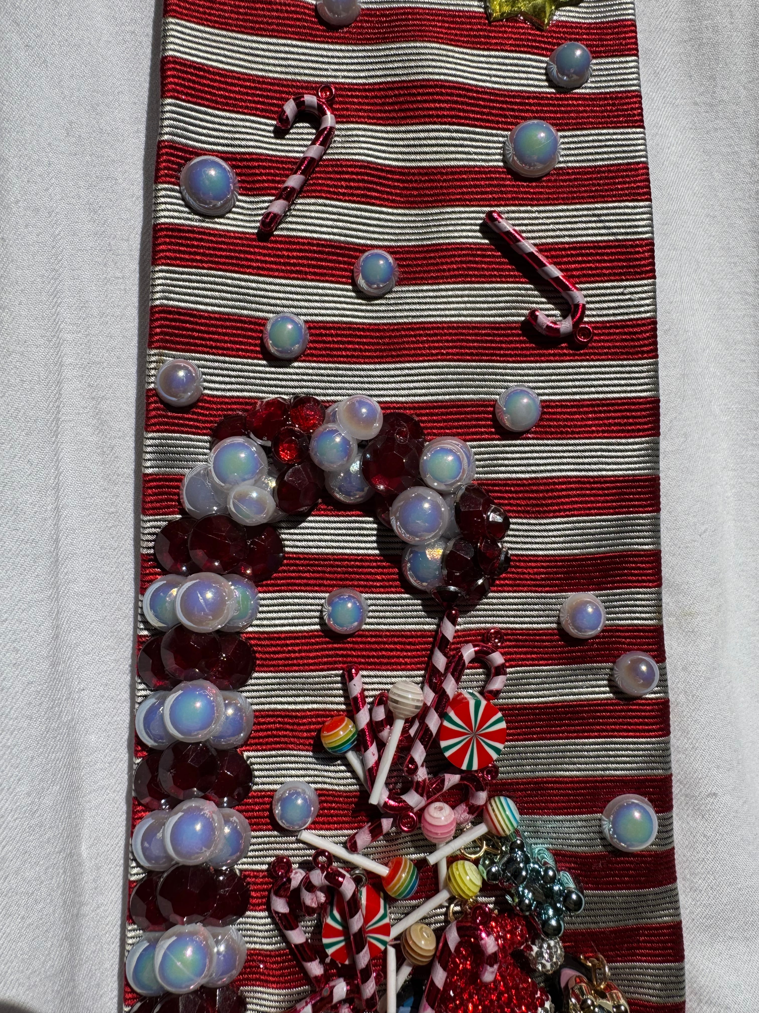 Red and White Pinstriped Candy Cane Candy Fountain Showering Stitch Christmas Tie