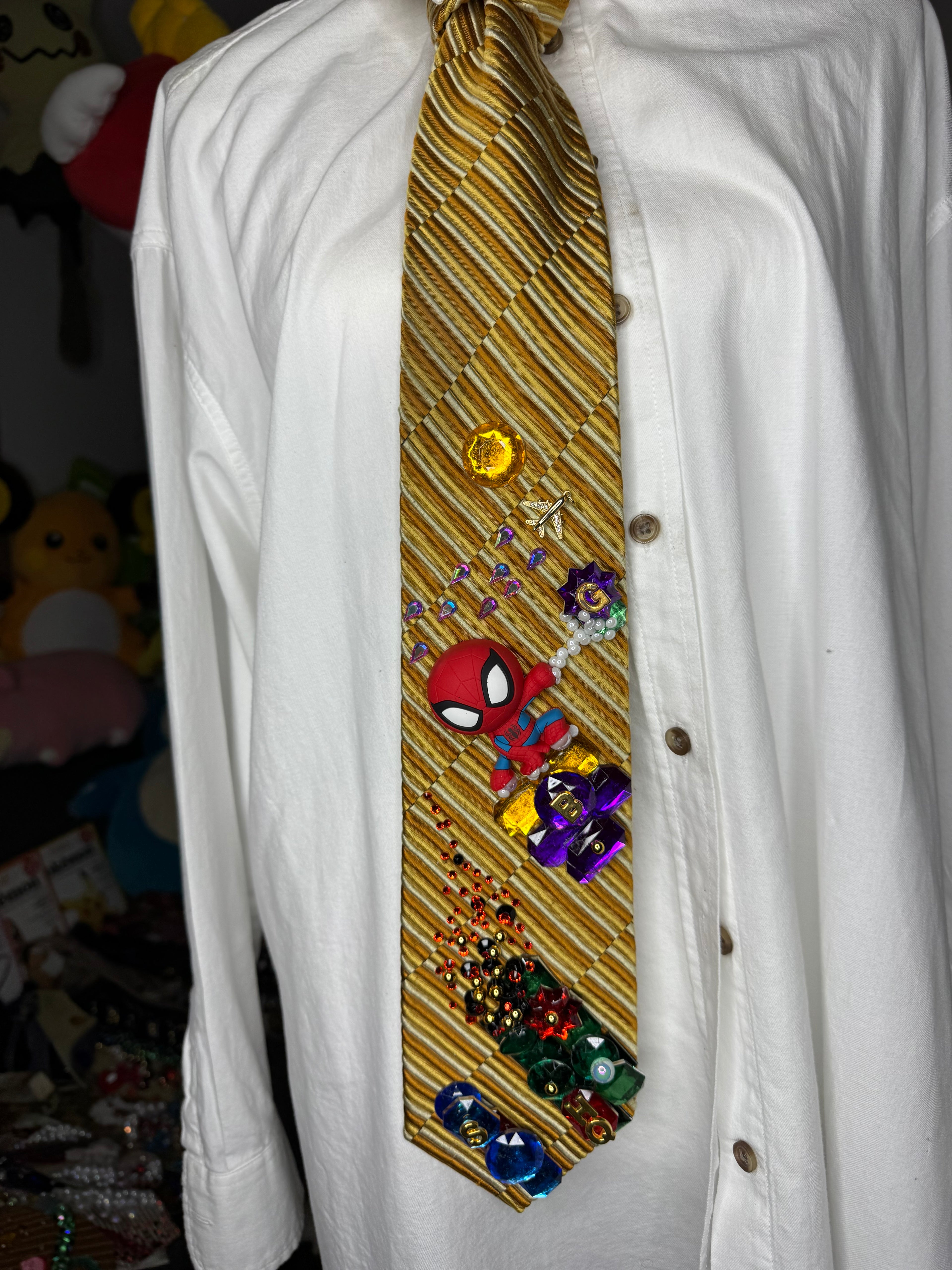 Yellow and Gold Spiderman Saving Burning HQ Building Tie