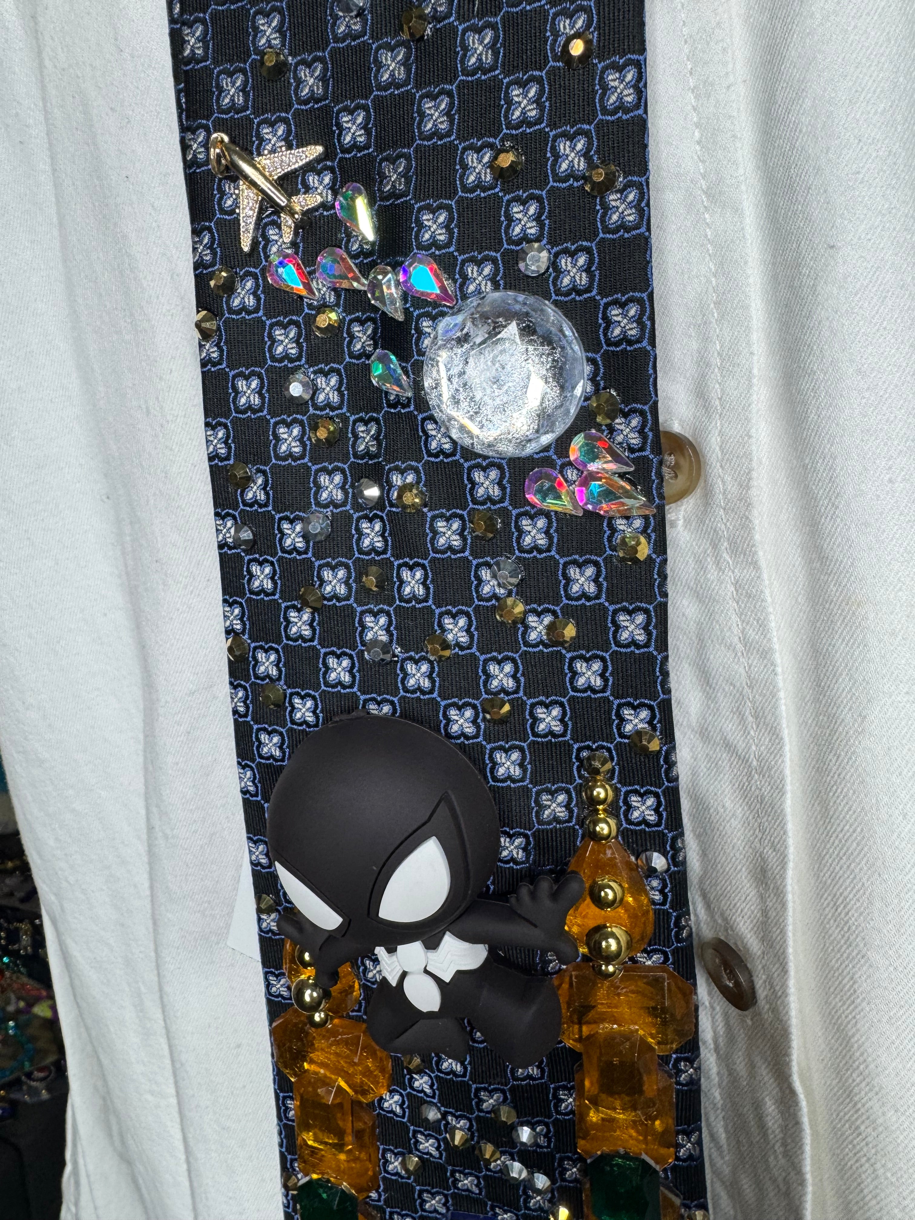Navy Blue Symbiote Suit Spiderman On Top of Buildings at Night Tie