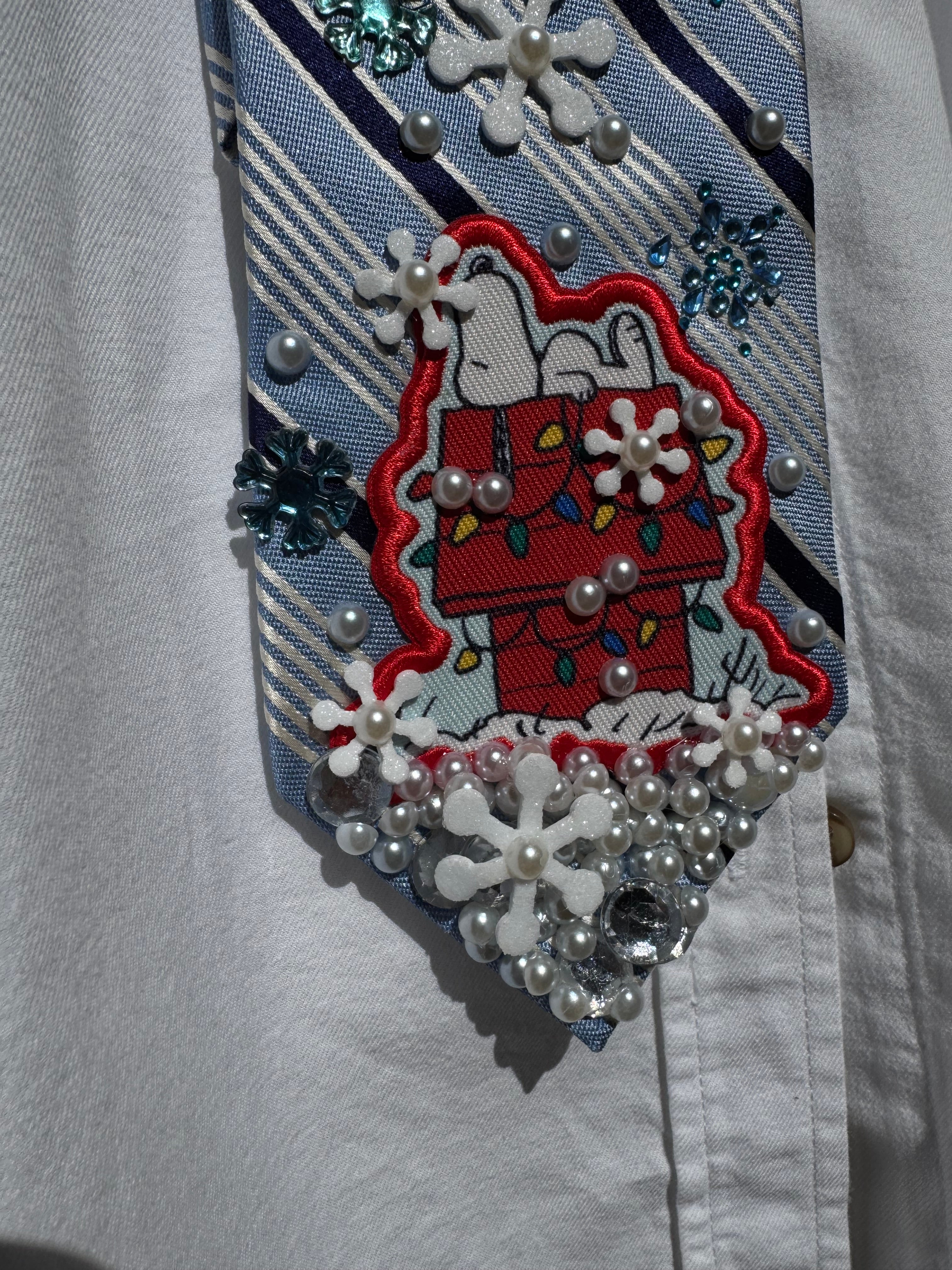 Light Blue Striped Snoopy in Winterland Christmas Tie