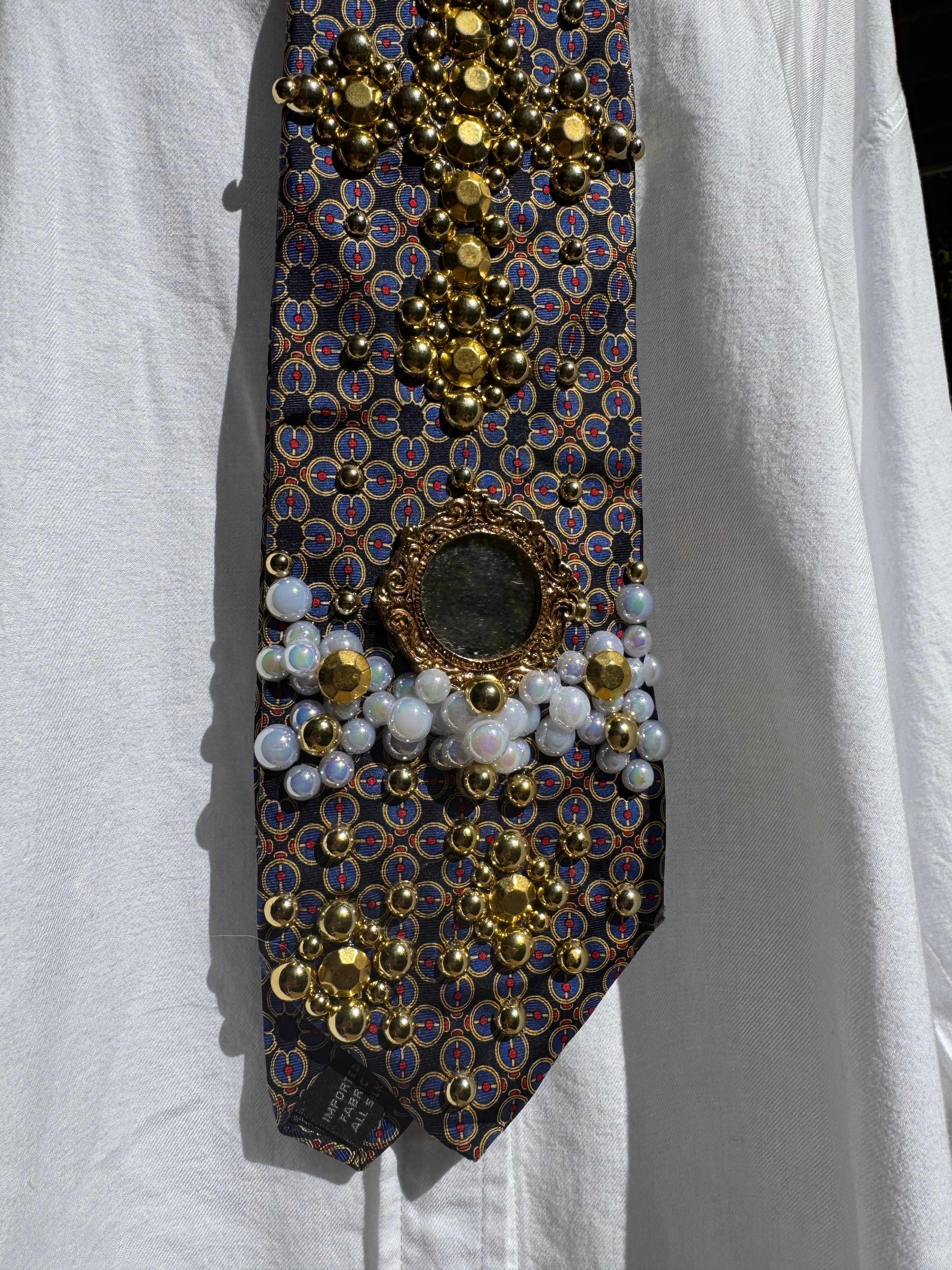 Navy Blue and Gold Renaissance Mirror and Golden Cross High Class Royalty Church Tie