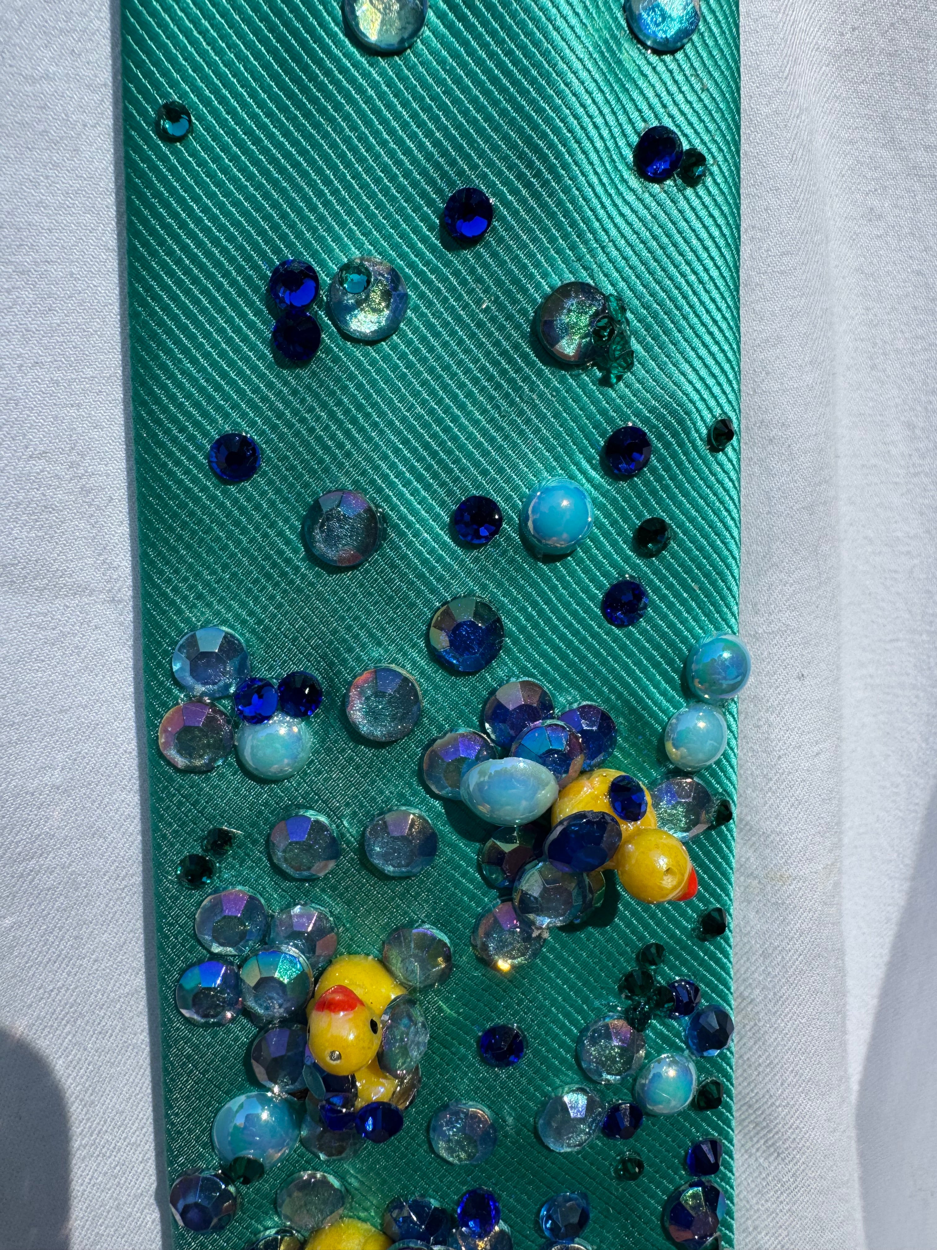 Coral Blue Stitch Swimming In Pond With Rainbow Koi and Ducks Tie